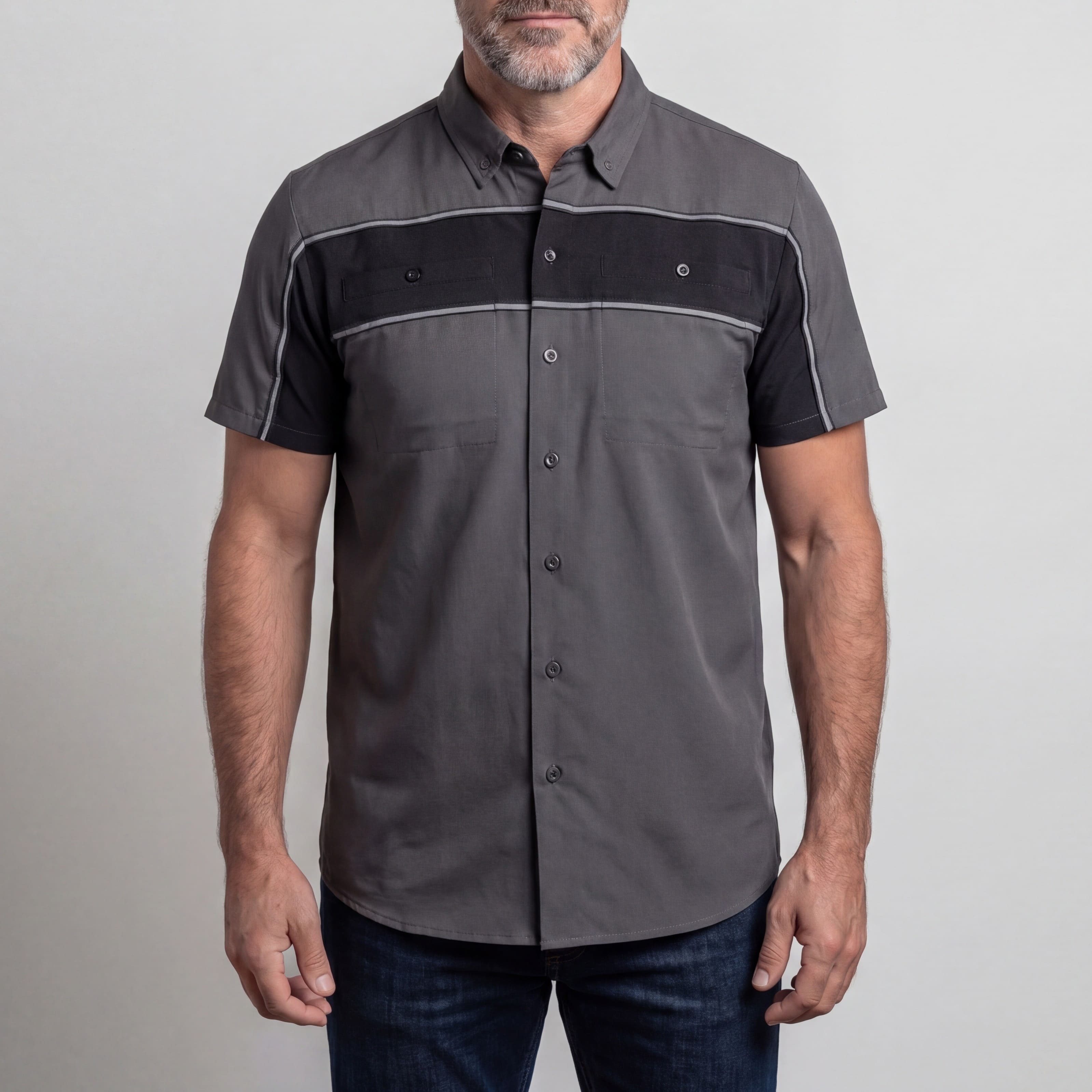 Vance Leather Men's Grey Black Short Sleeve Button Down Two Pockets Soft Casual Shirt - front pose