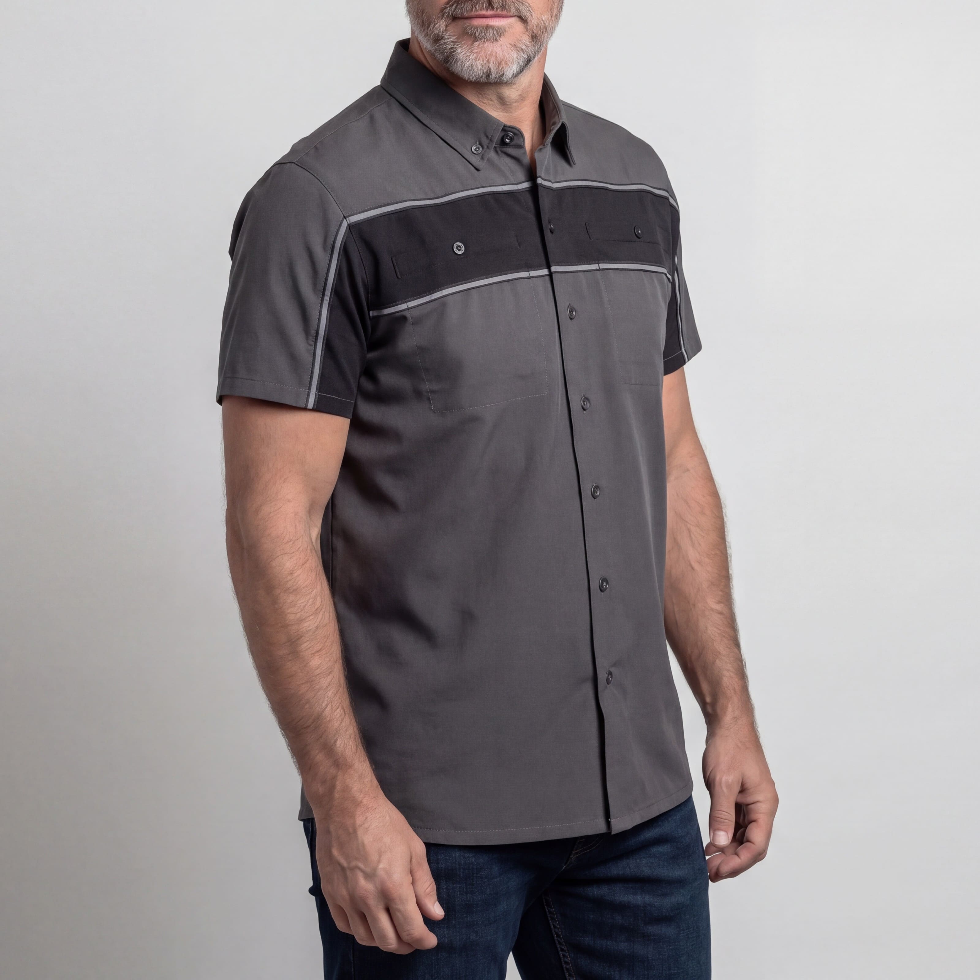 Vance Leather Men's Grey Black Short Sleeve Button Down Two Pockets Soft Casual Shirt - side pose