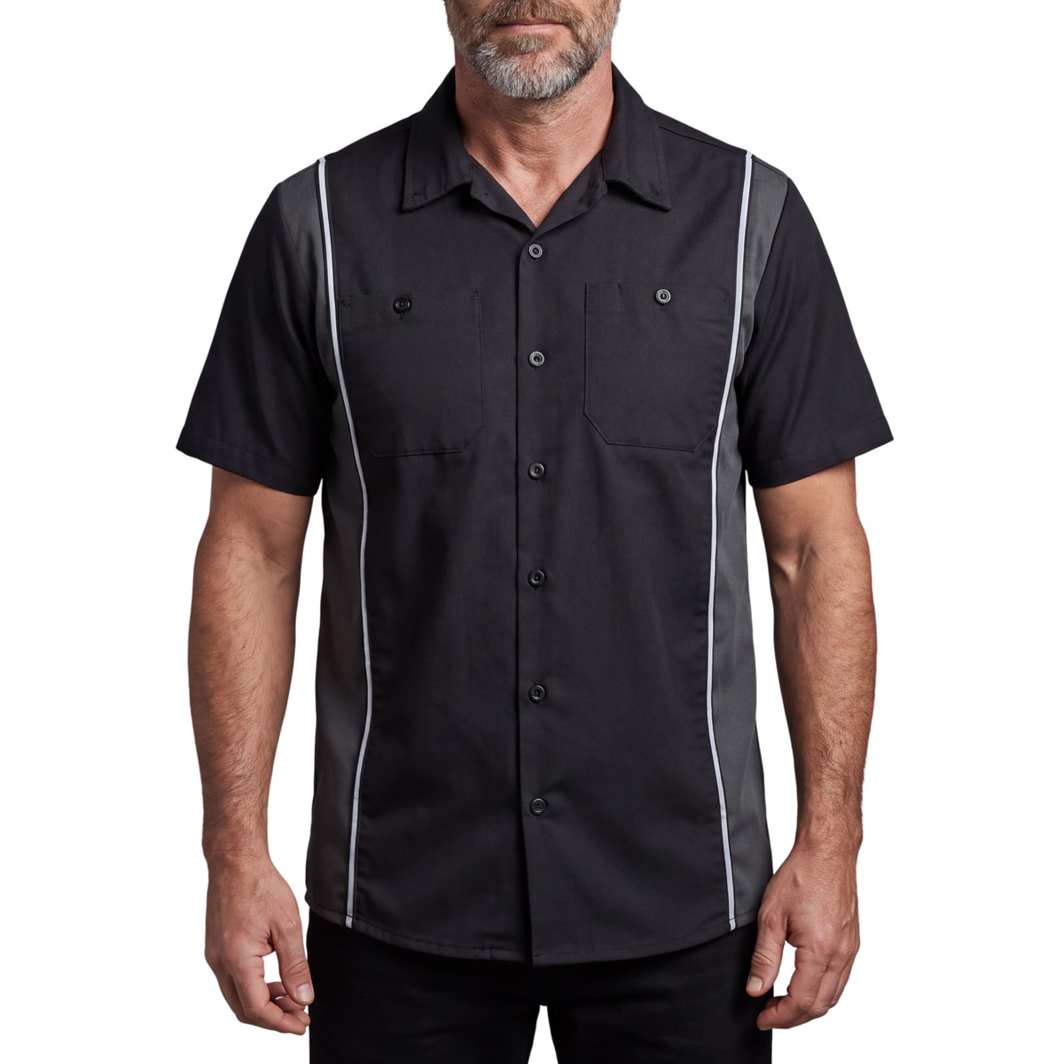 Vance Men's Black Button Up Mechanic Work Shirt w/ Grey Sides & Reflective Strip - front