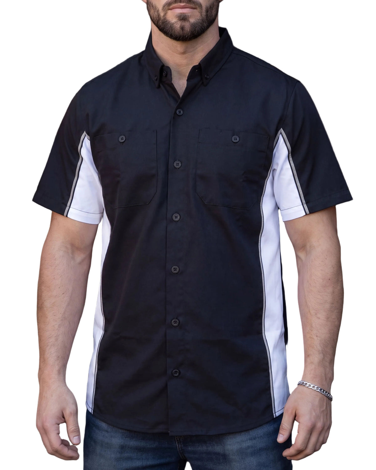 Vance Men's Heavy-Duty Button up Mechanic Work Shirt w Reflective Strip White Sides
