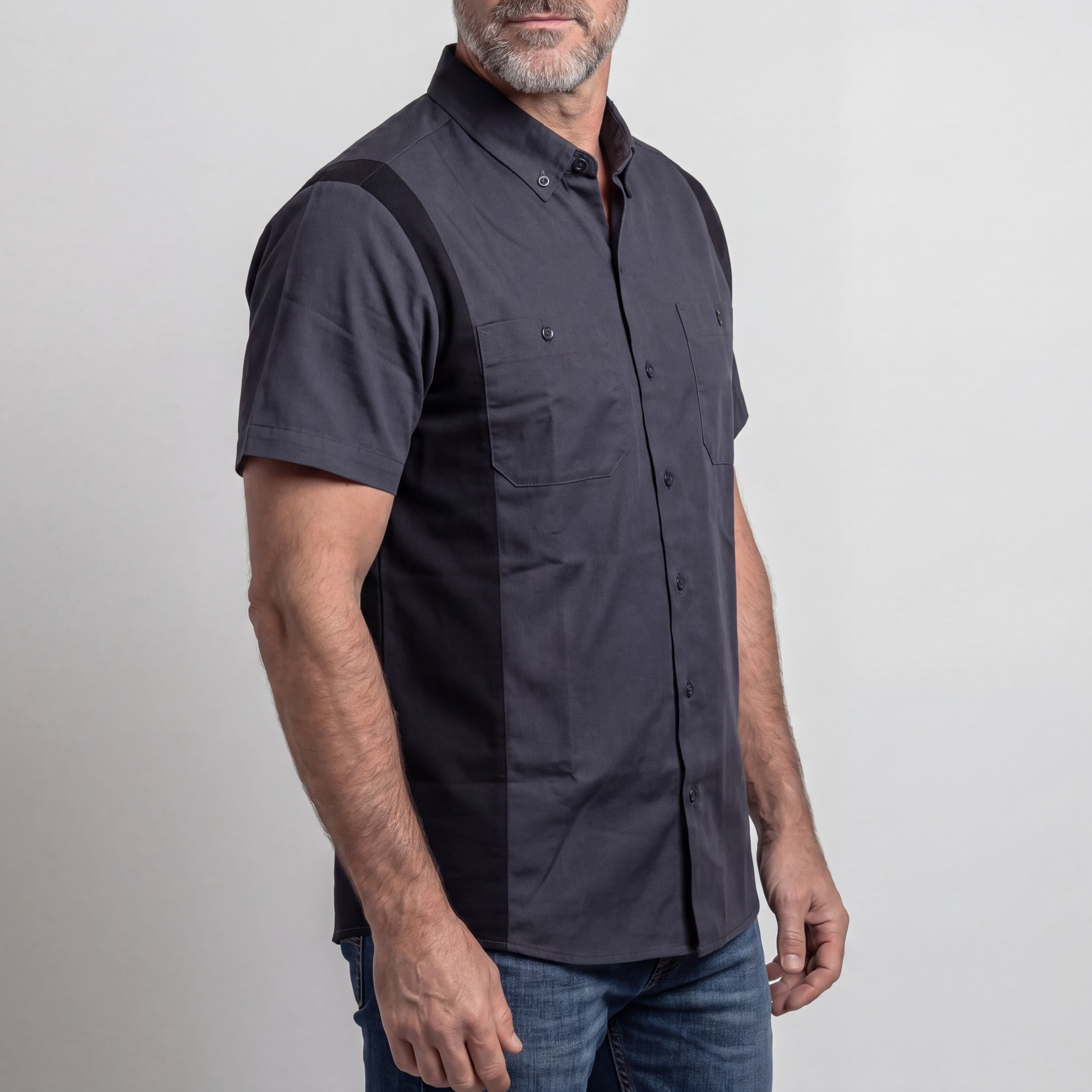 Vance - Men's Work Shirts Grey with Black Sides - side pose
