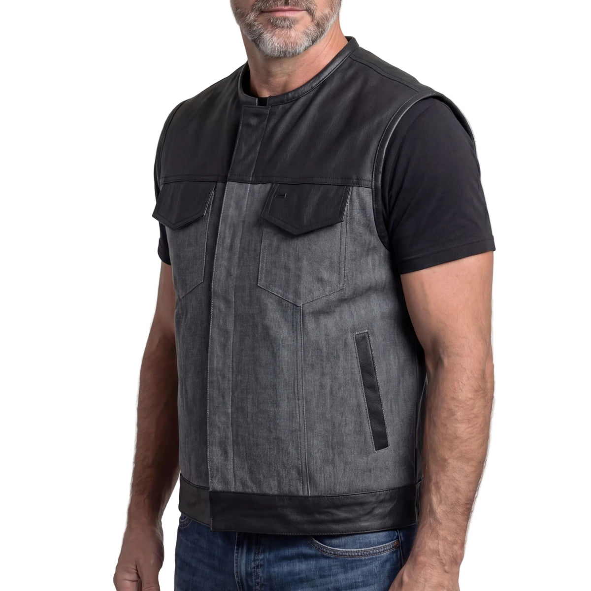 Vance Leathers Men's Grey Denim & Leather Motorcycle Vest with CCW Pockets - side pose