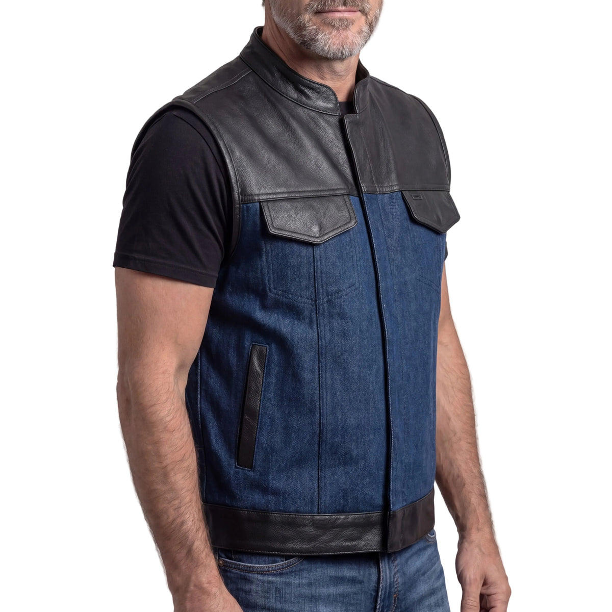 Mens Blue Motorcycle Denim Vest SOA Club Vest with Leather trims - side pose
