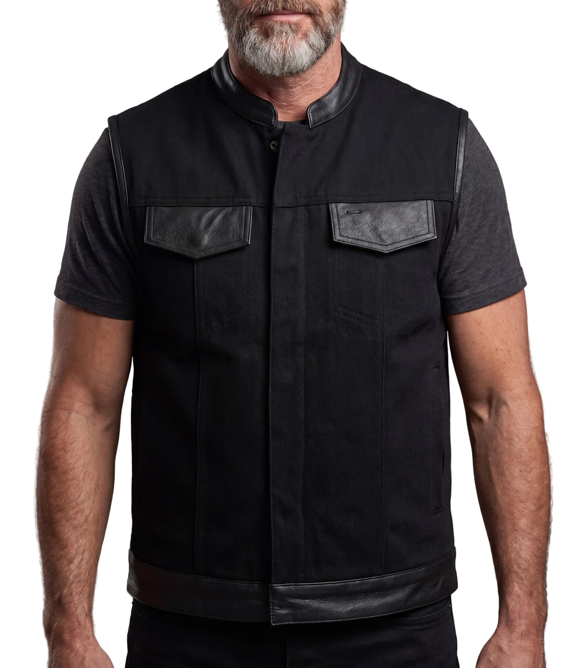 Vance Denim Black Club Vest with Leather Trims - front pose
