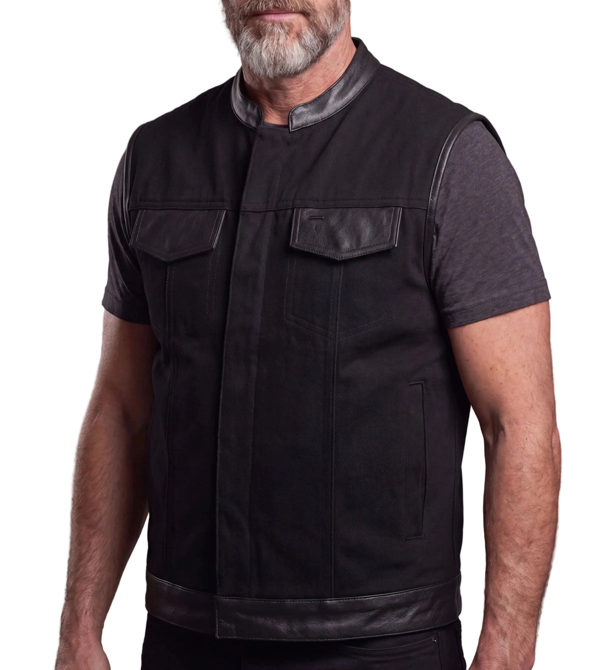 Vance Denim Black Club Vest with Leather Trims - side pose