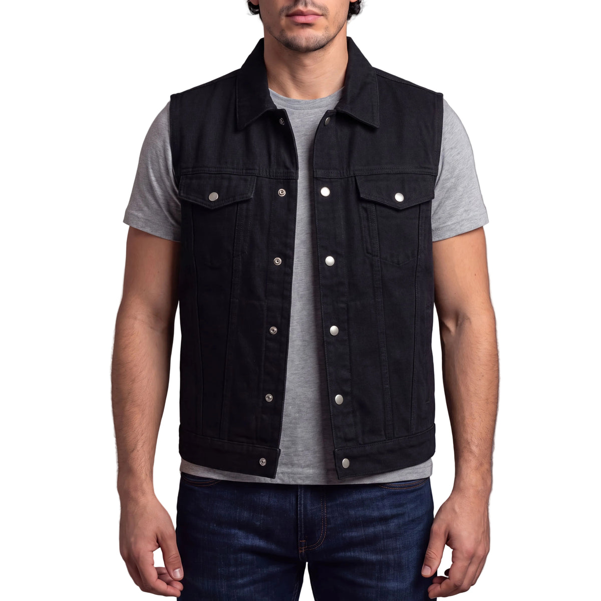Vance Mens Black Jean Style Denim Motorcycle Vest - front pose
