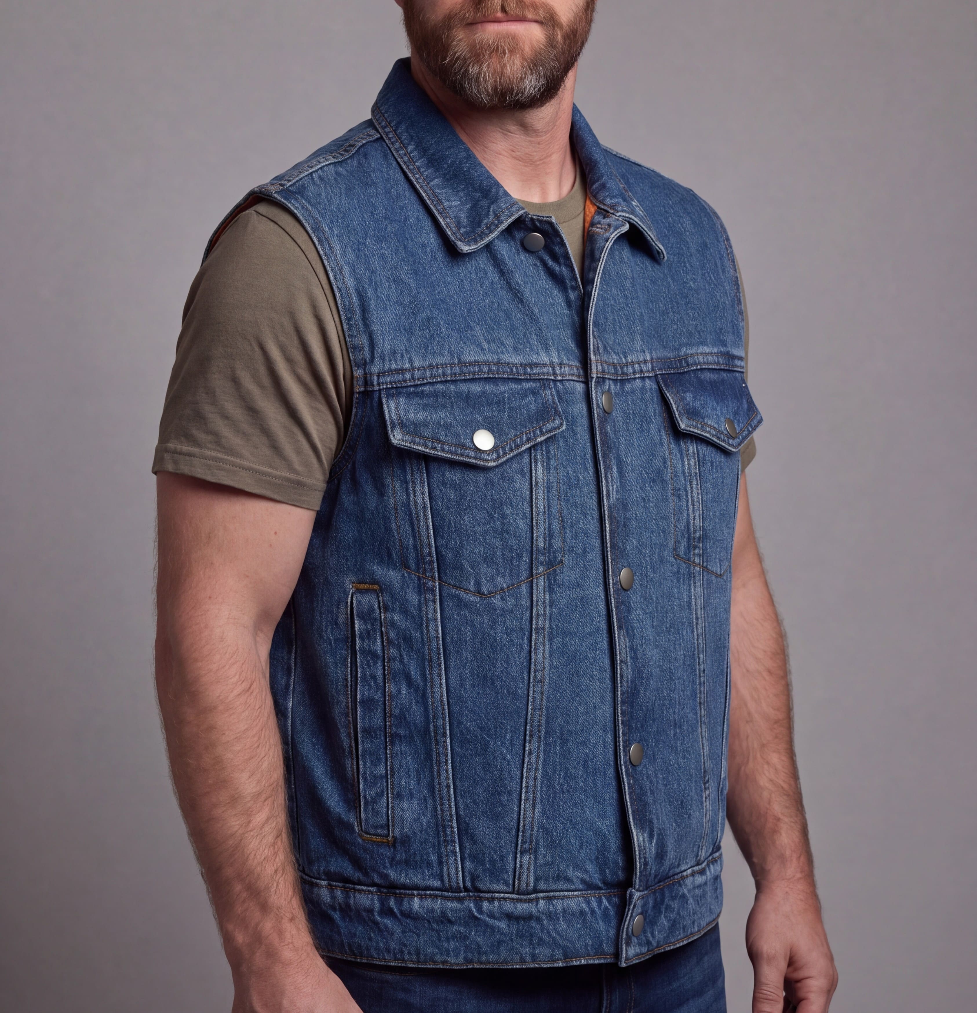 Vance Mens Blue Jean Style Denim Motorcycle Vest - side pose