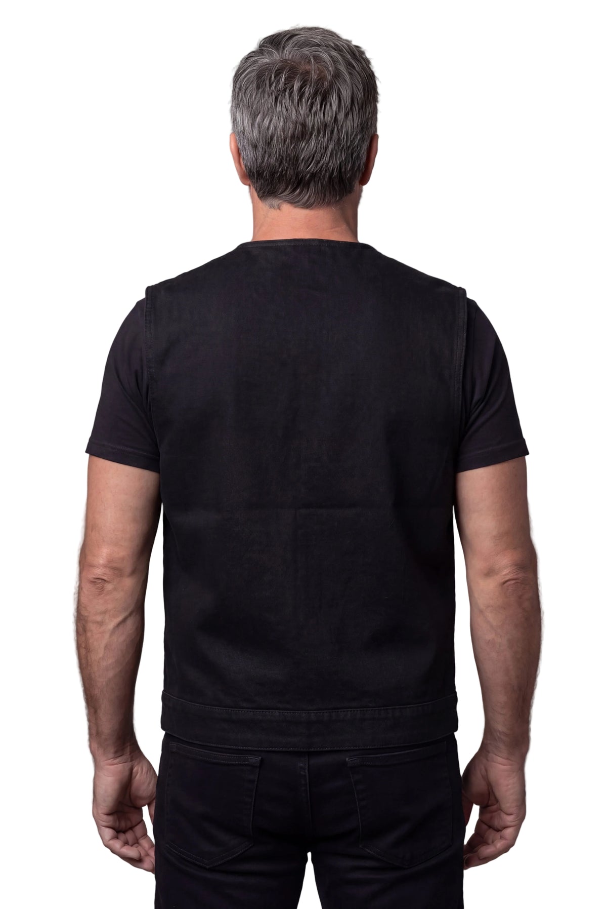Men's Black Denim Collarless Club Vest with Conceal Carry Pockets - back pose