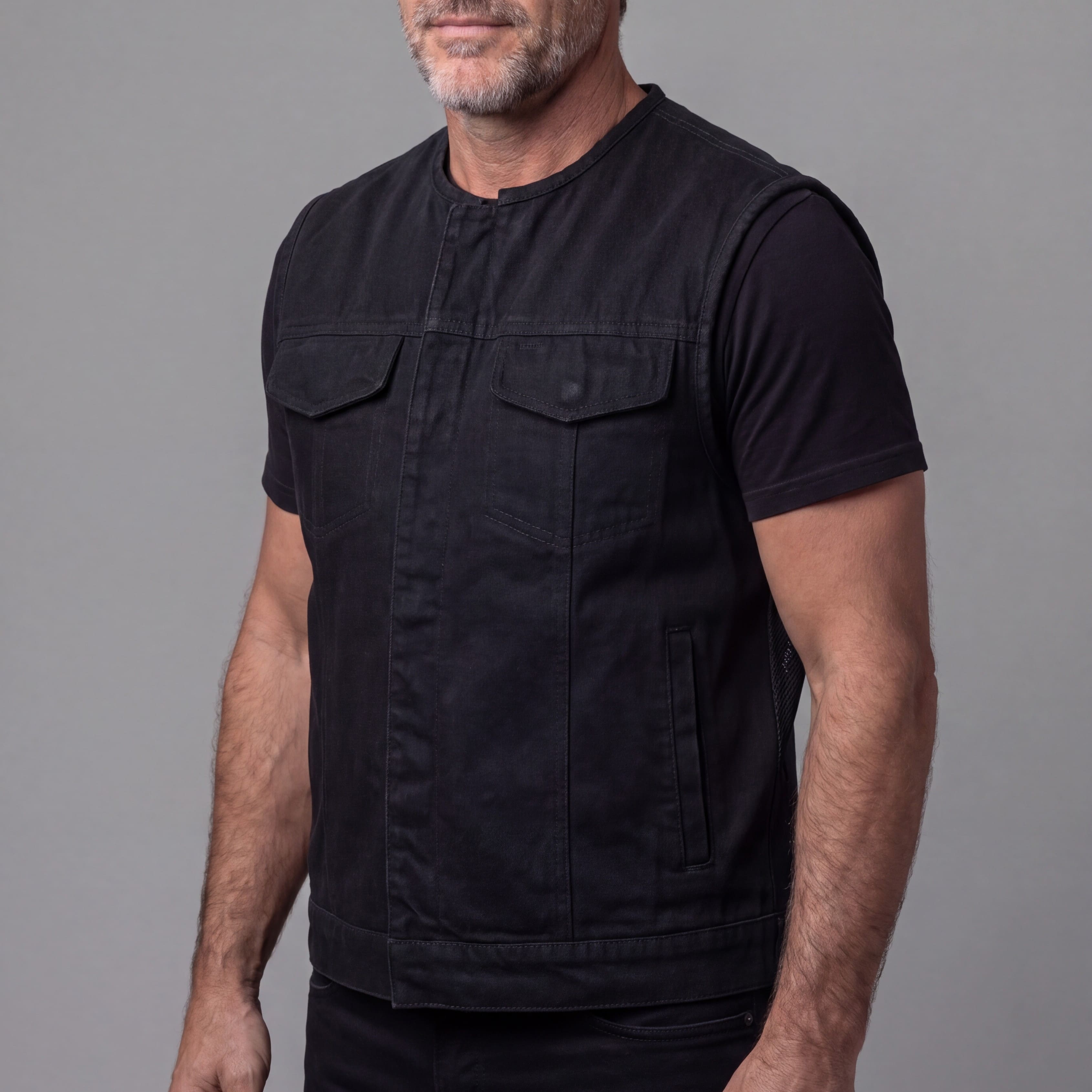 Men's Black Denim Collarless Club Vest with Conceal Carry Pockets - side pose