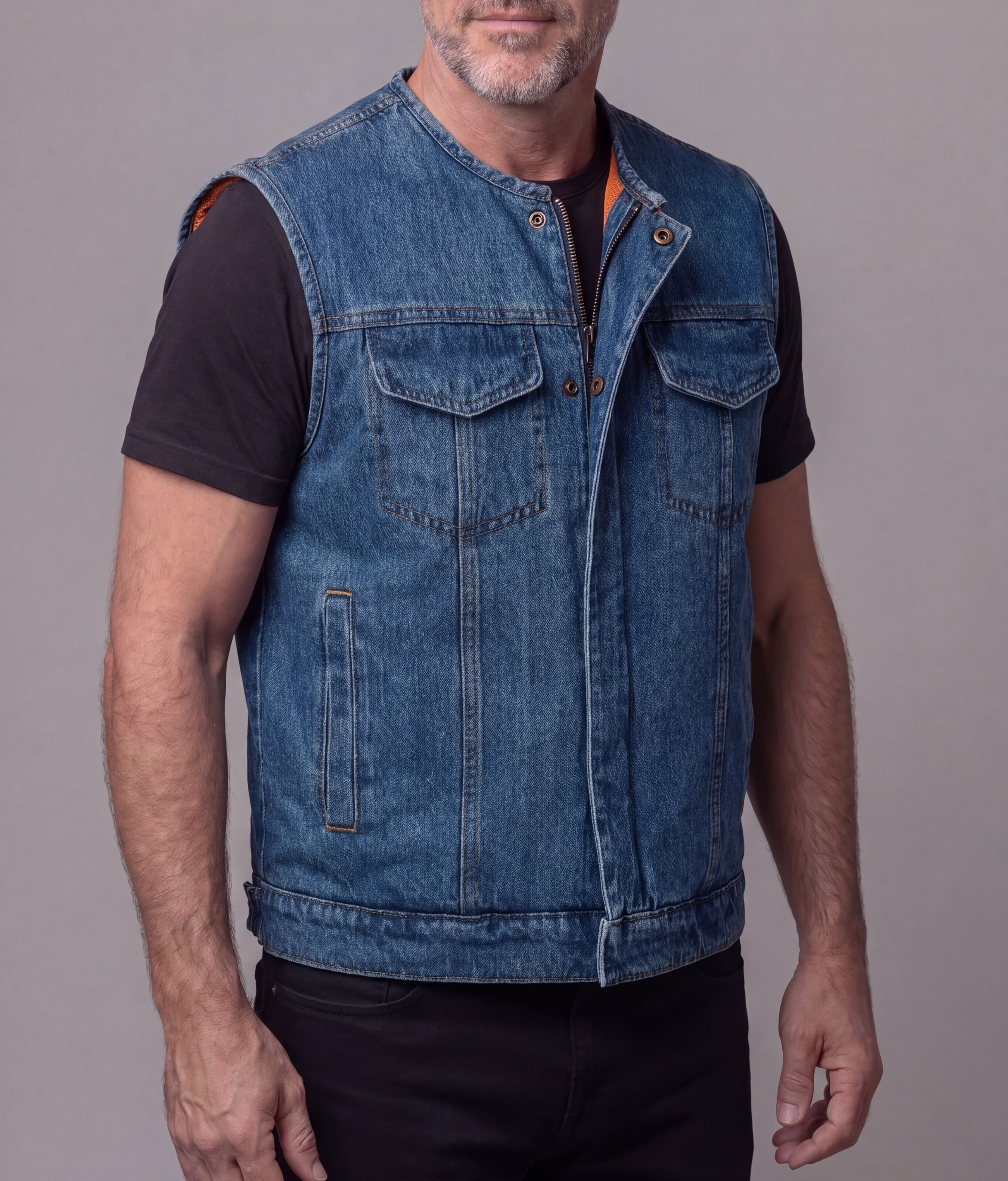 Men's Blue Denim Collarless Club Vest with Conceal Carry Pockets = Side pose