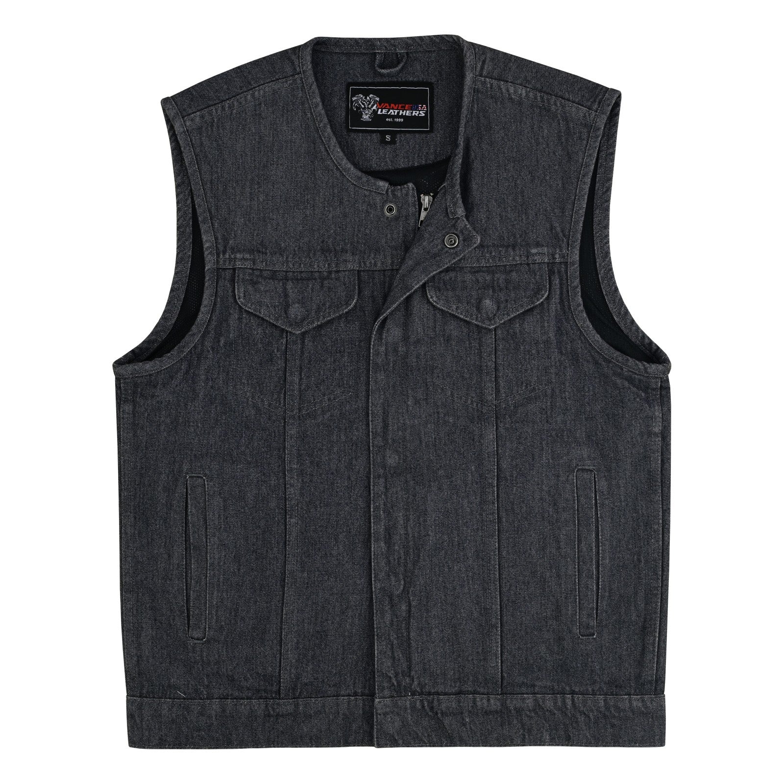 Men's Distressed Grey Denim Collarless Club Vest w Dual Front