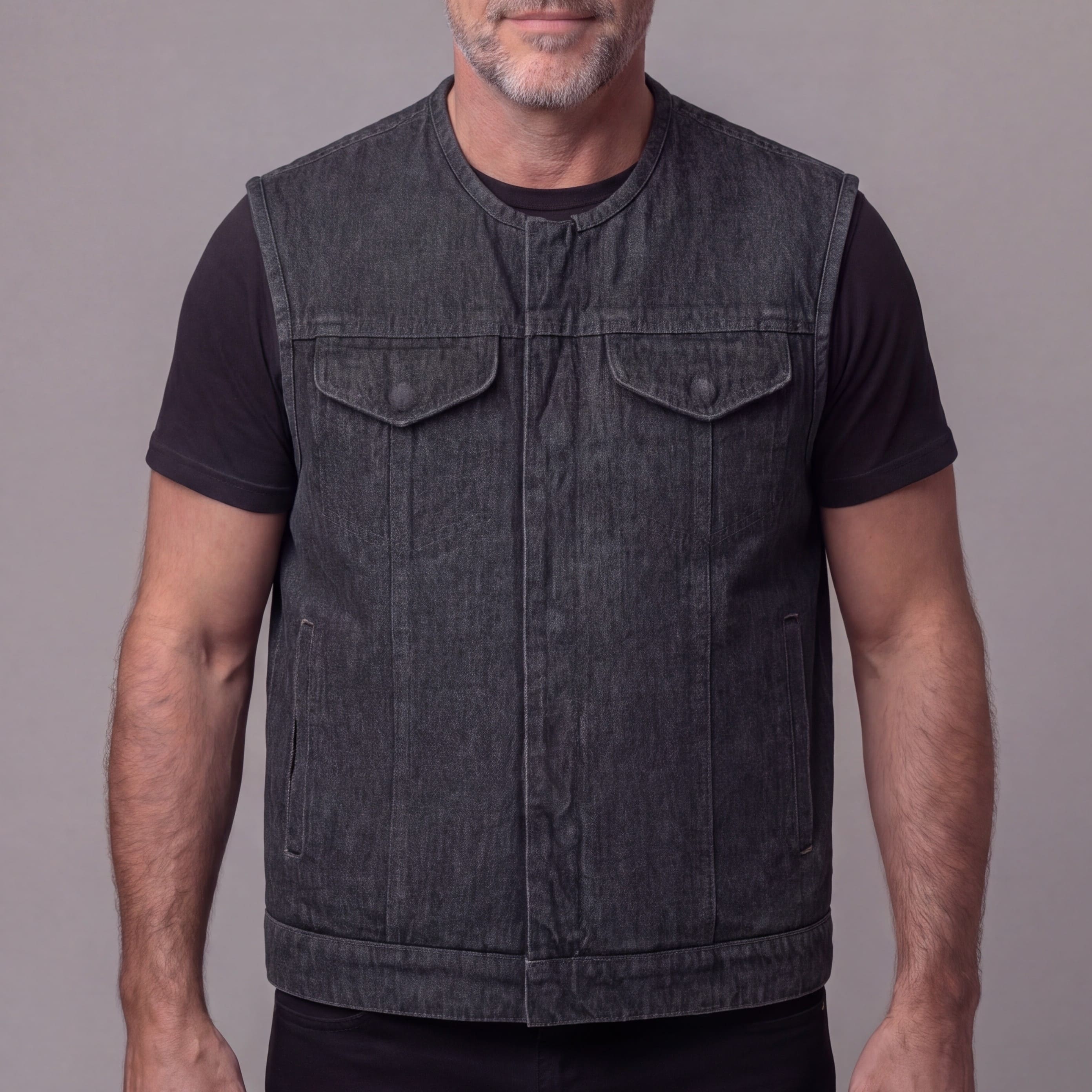 Men's Distressed Grey Denim Collarless Club Vest w Dual Front Closure & CCW Pockets - Front Pose