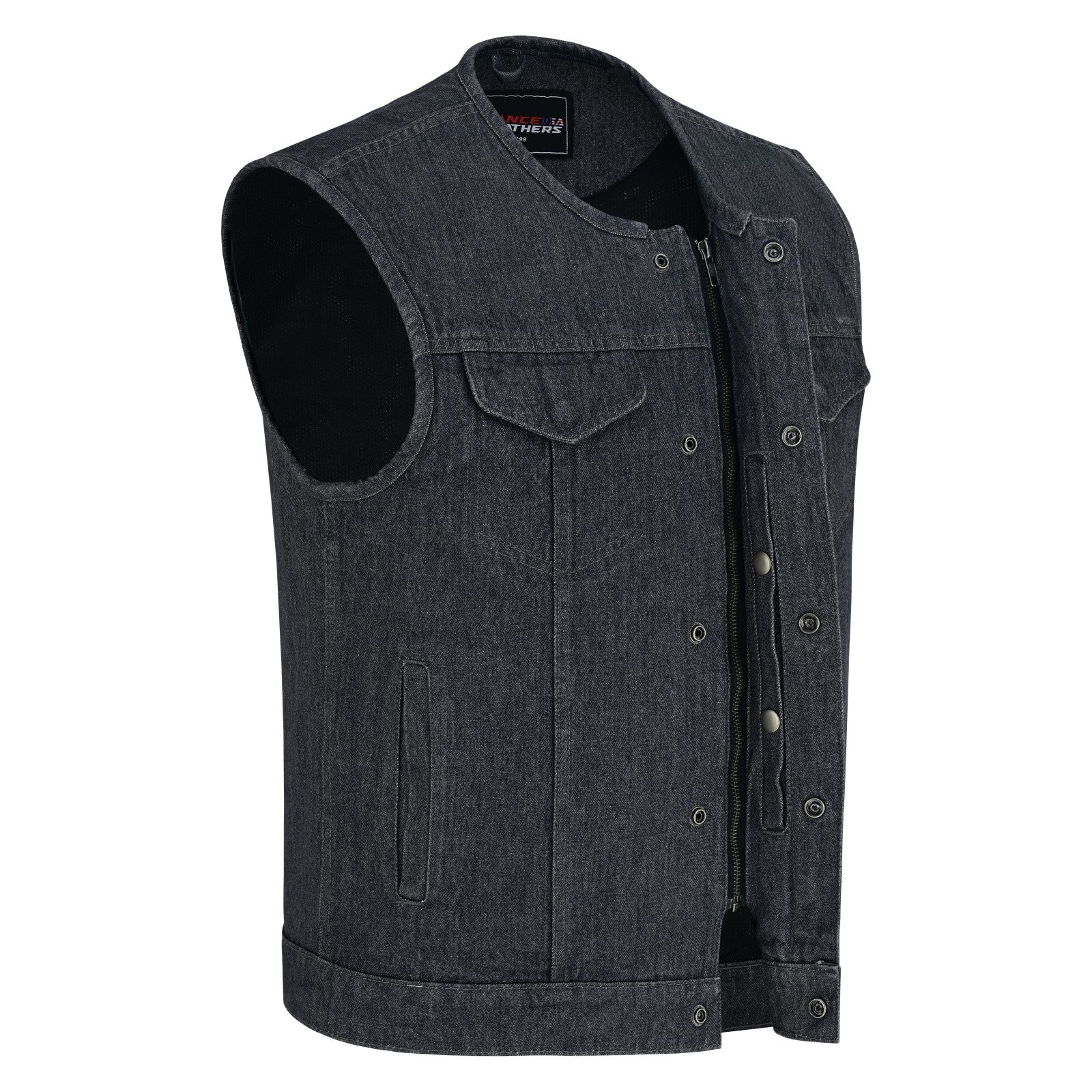Men's Distressed Grey Denim Collarless Club Vest w Dual Front