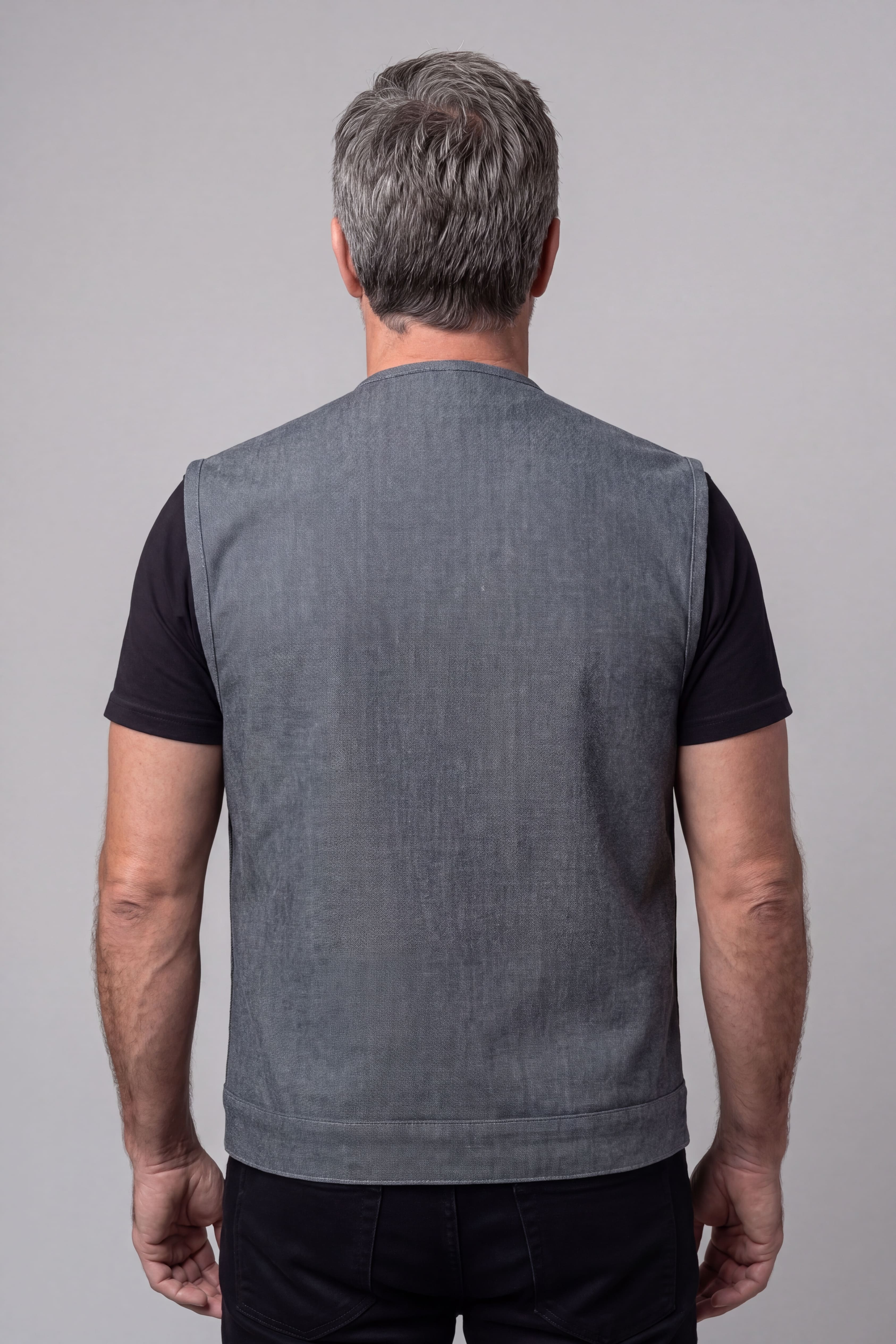 Men's Grey Denim Collarless Club Vest with Conceal Carry Pockets - back pose