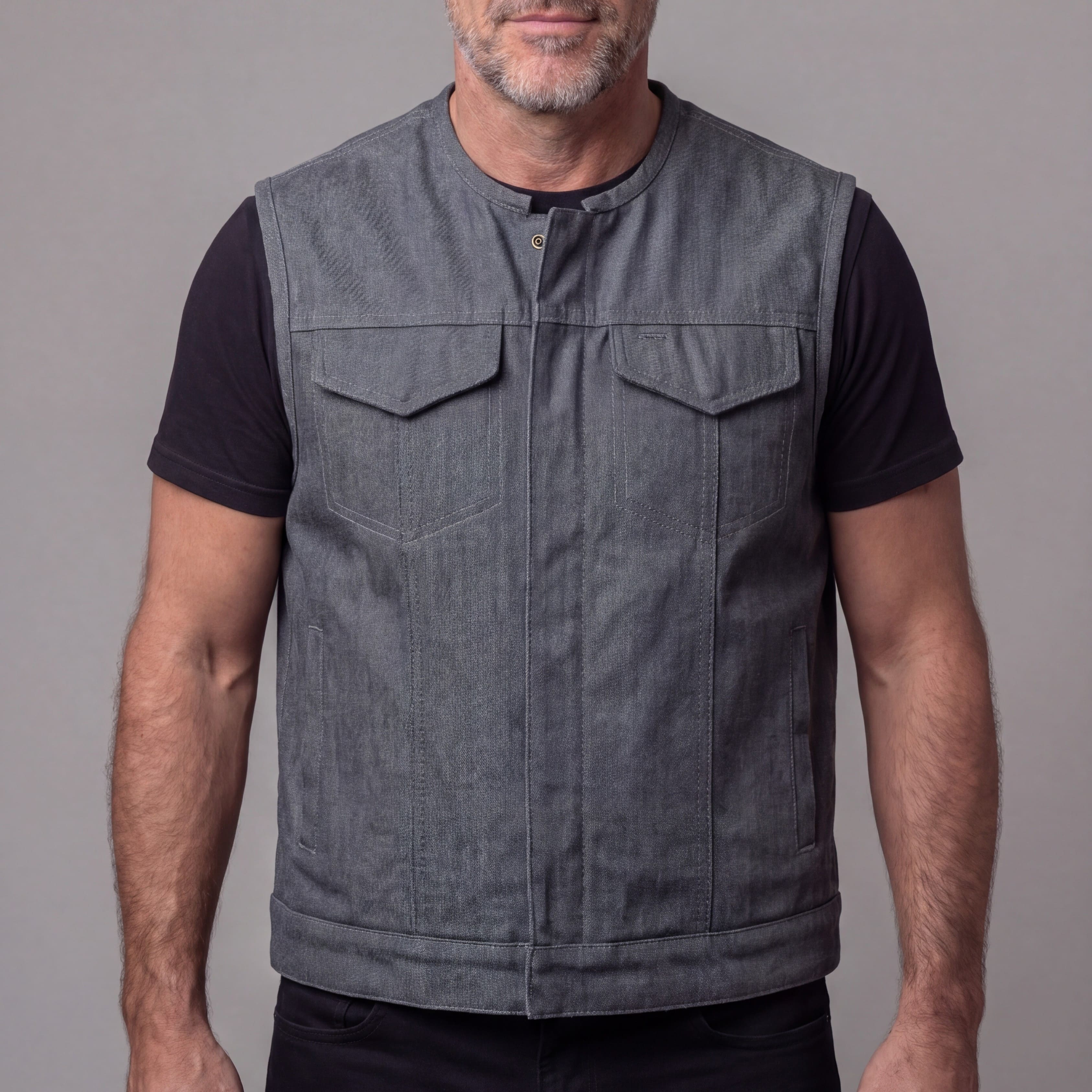Men's Grey Denim Collarless Club Vest with Conceal Carry Pockets - front pose