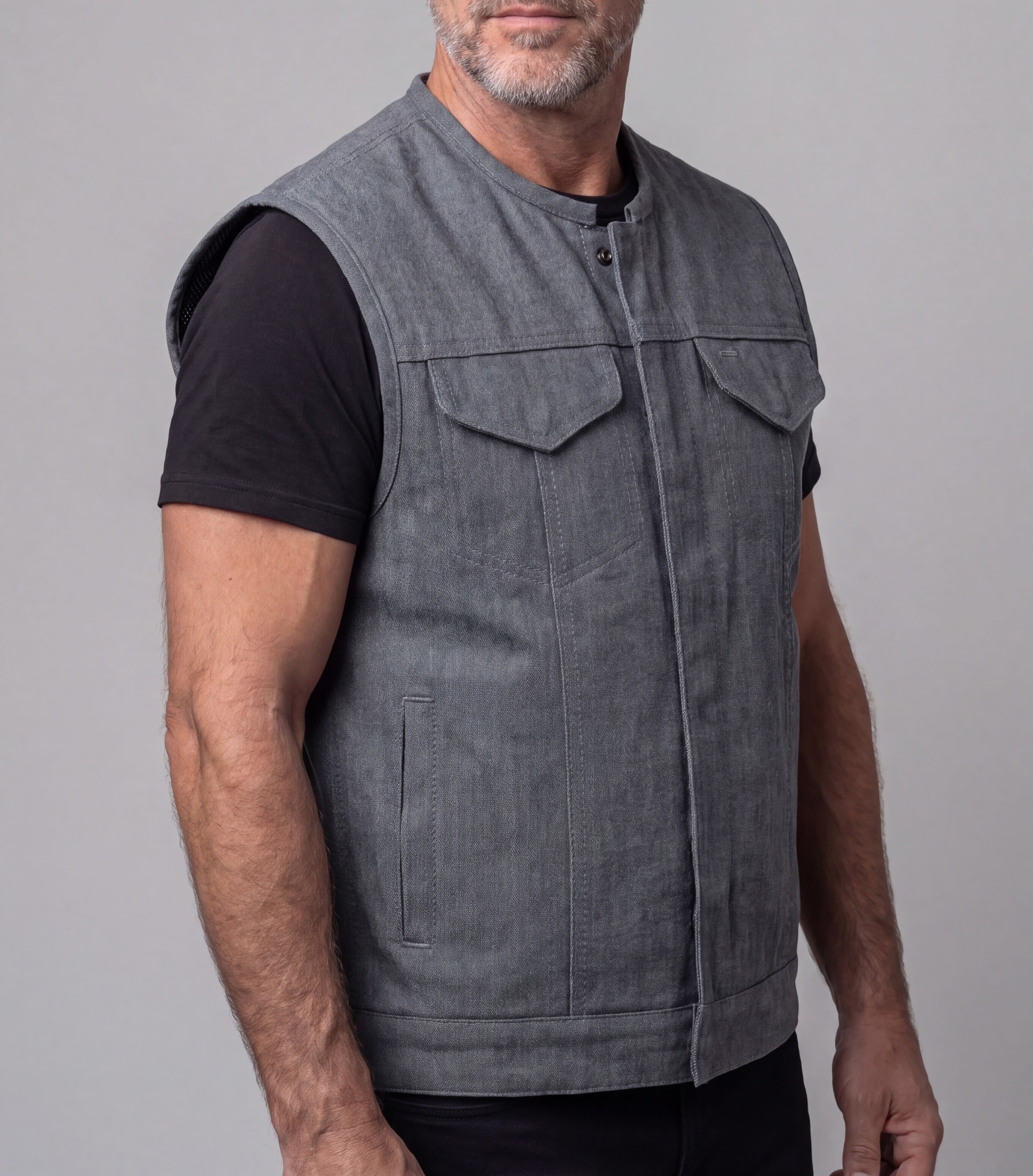 Men's Grey Denim Collarless Club Vest with Conceal Carry Pockets - side pose
