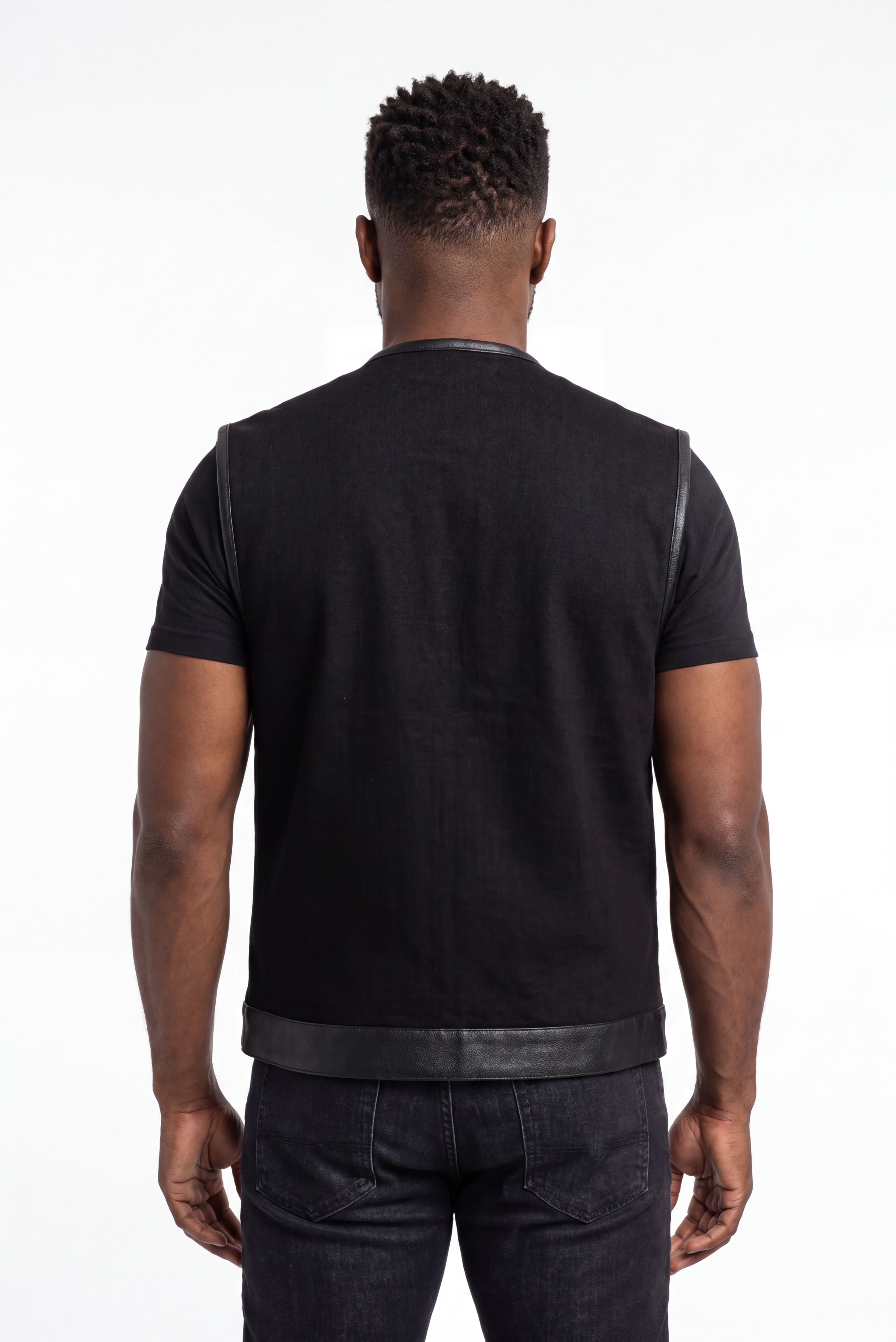 Vance Leathers Denim Black Collarless Club Vest with Leather trims - back pose