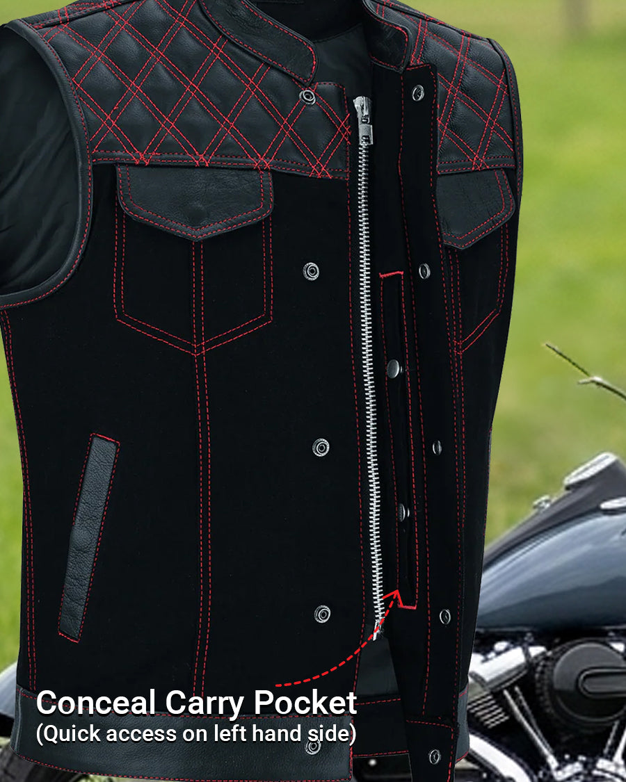 Men's Denim & Leather Motorcycle Vest with Conceal Carry Pockets and Red Stitching