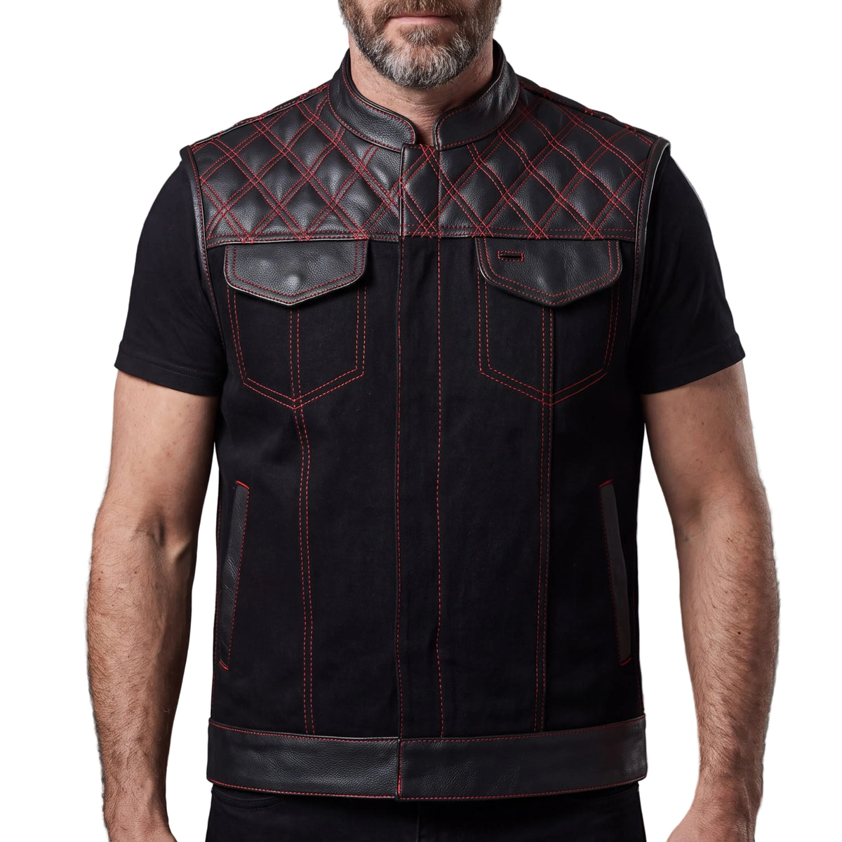Men's Denim & Leather Motorcycle Vest with CCW Pockets and Red Stitching - Front Pose