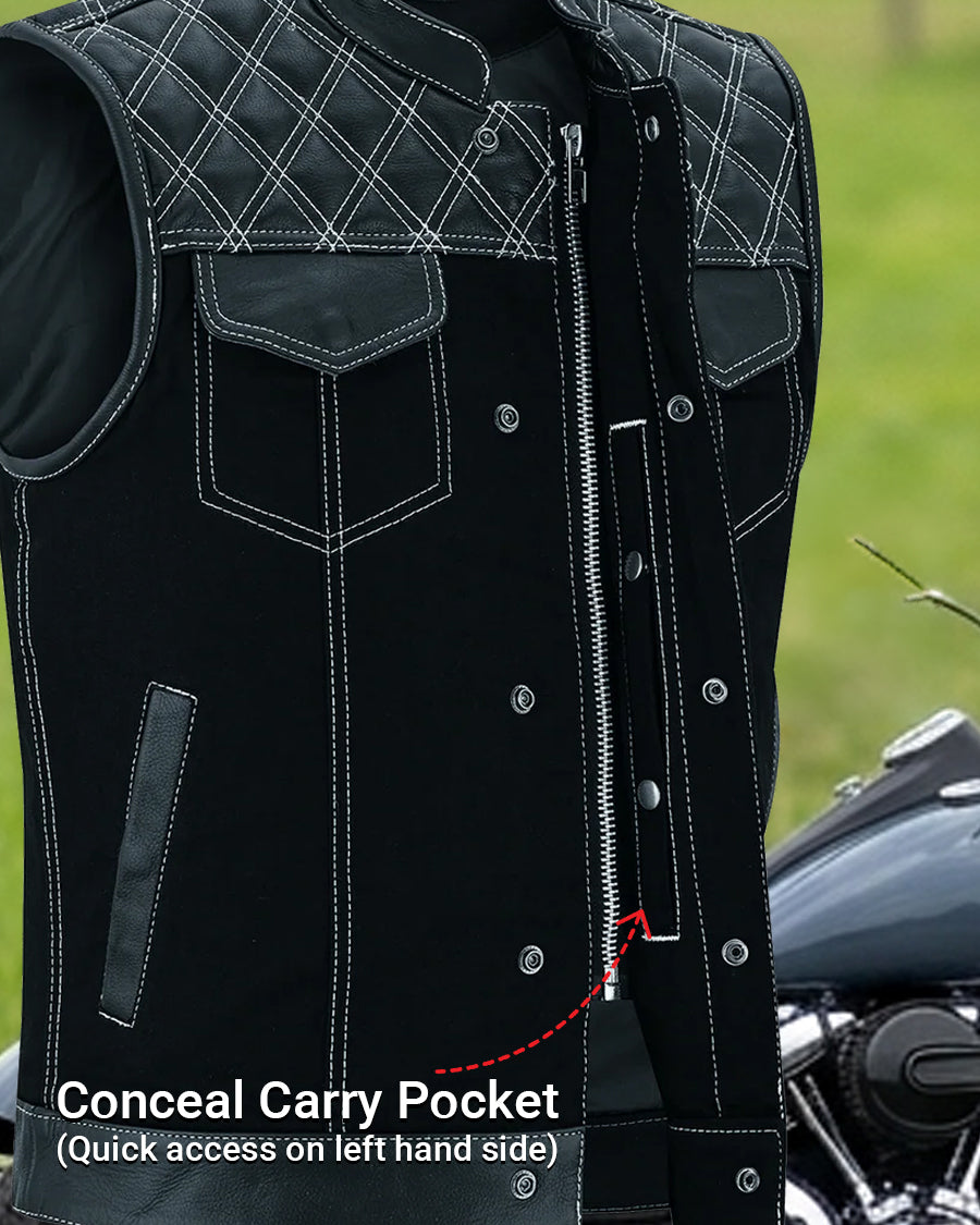 Men's Denim & Leather Motorcycle Vest with CCW Pockets and White Stitching