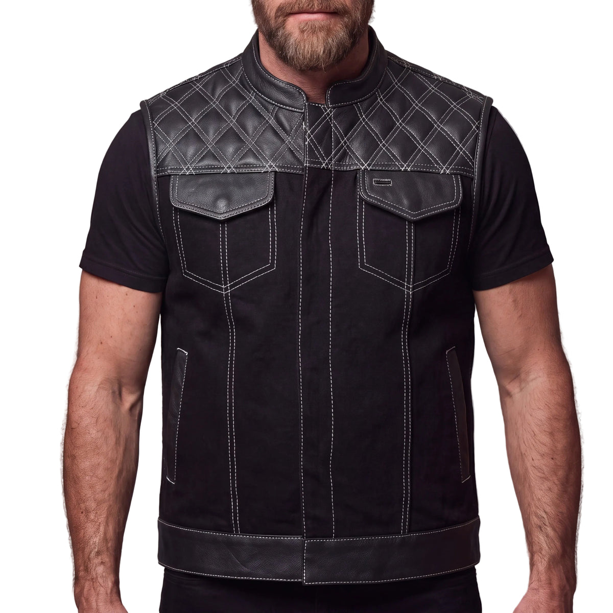 Men's Denim & Leather Motorcycle Vest with CCW Pockets and White Stitching - front pose