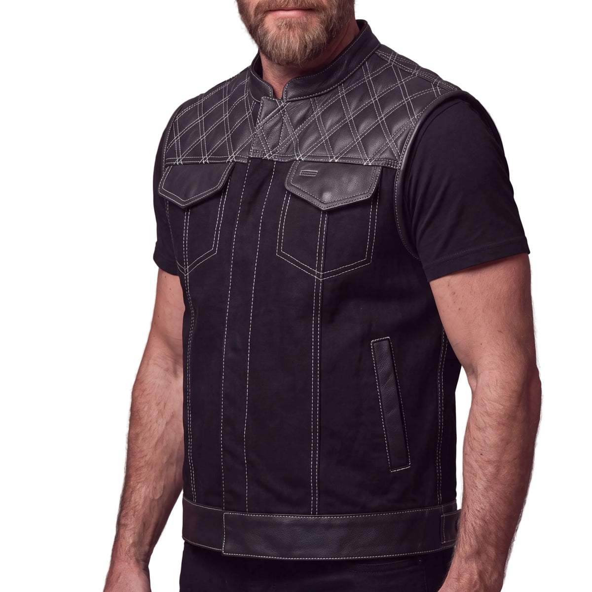 Men's Denim & Leather Motorcycle Vest with CCW Pockets and White Stitching - side pose