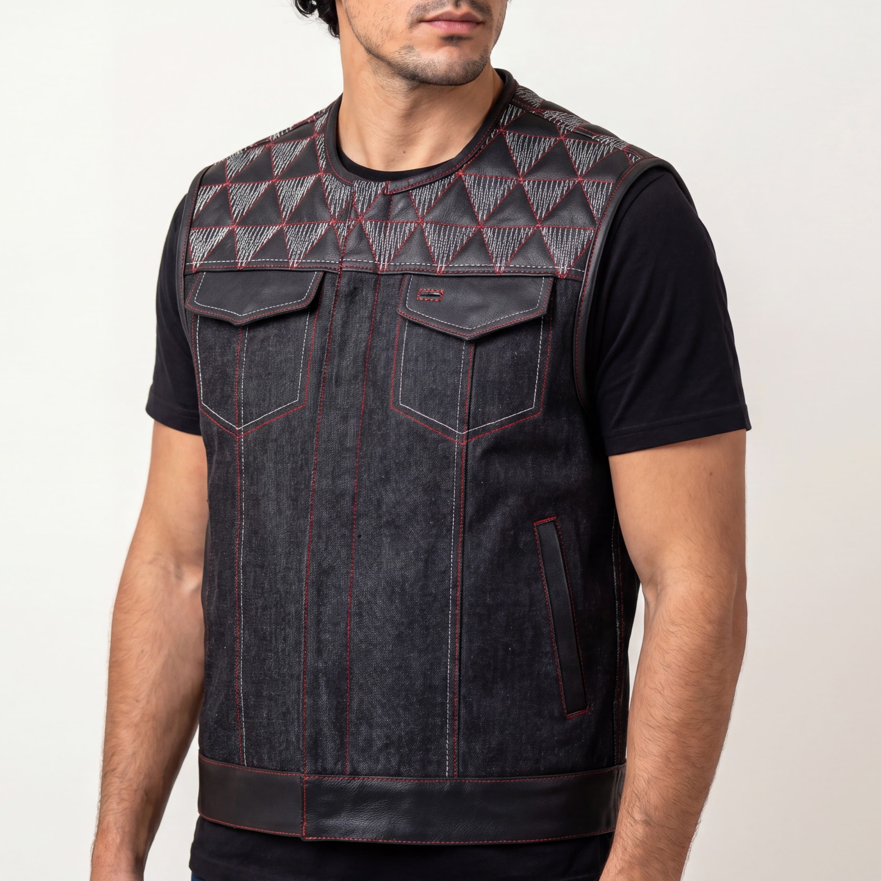 Men's Denim & Leather Motorcycle Vest with Conceal Carry Pockets, SOA Biker Club Vest Red & White Stitching - side pose