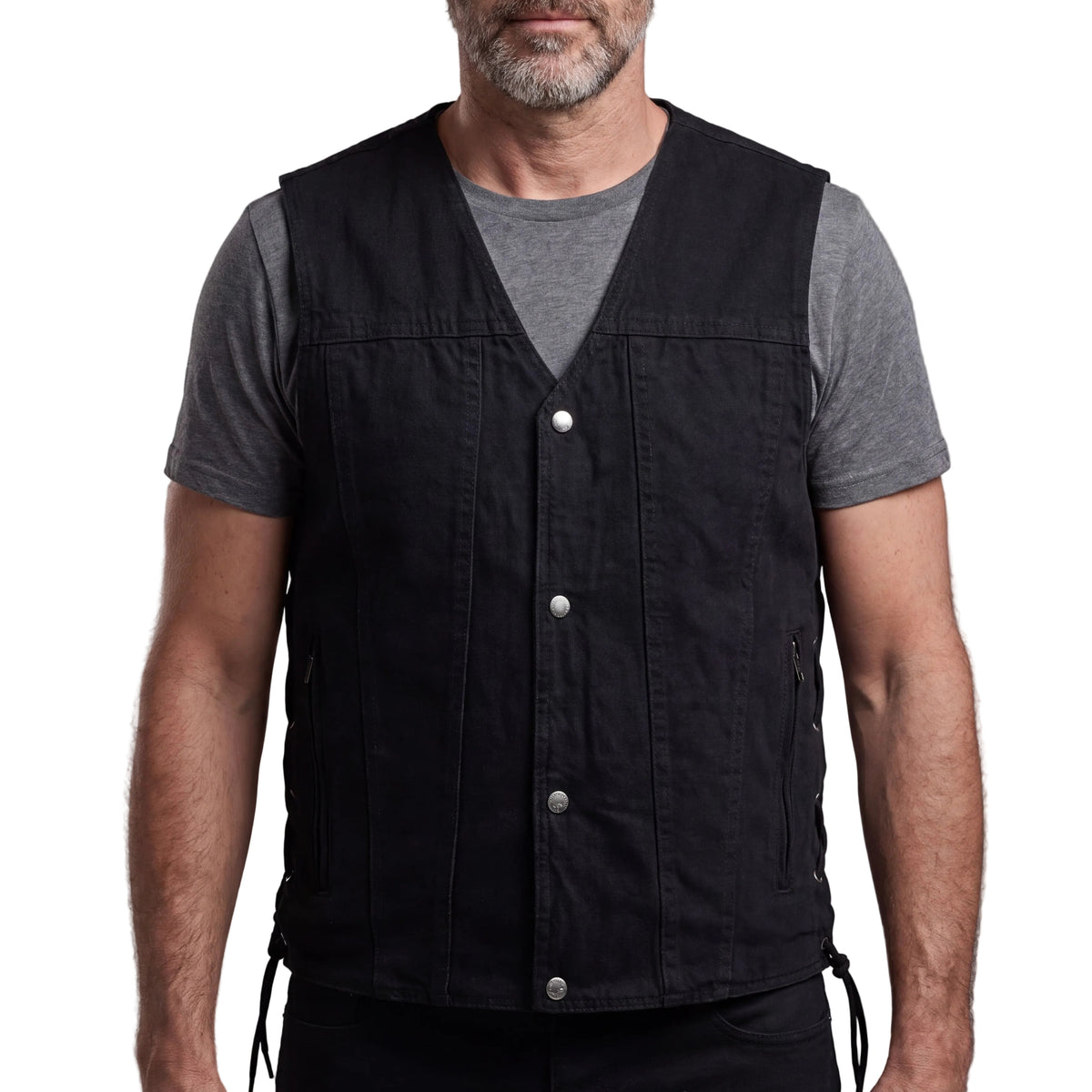 Vance Men's Black V-Neck Denim Vest for Motorcycle Riders - front pose