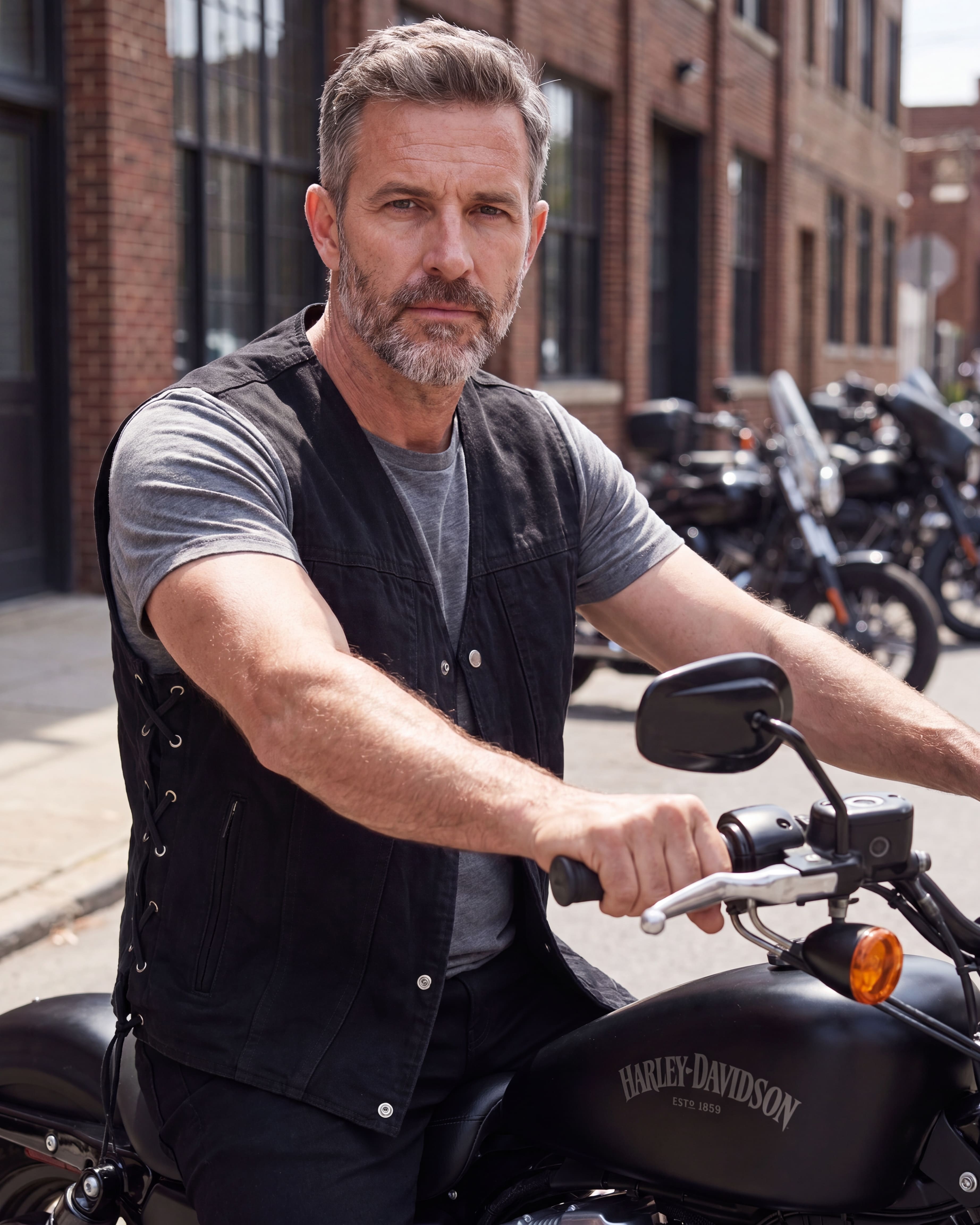  Vest Black Label【Sサイズ】試着のみ Men's Black V-Neck Denim Vest for Motorcycle Riders