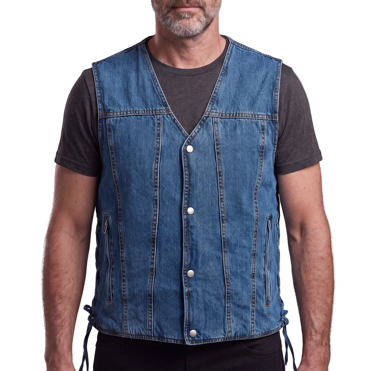 Vance Mens Blue V-Neck Denim Vest for Motorcycle Riders - front pose