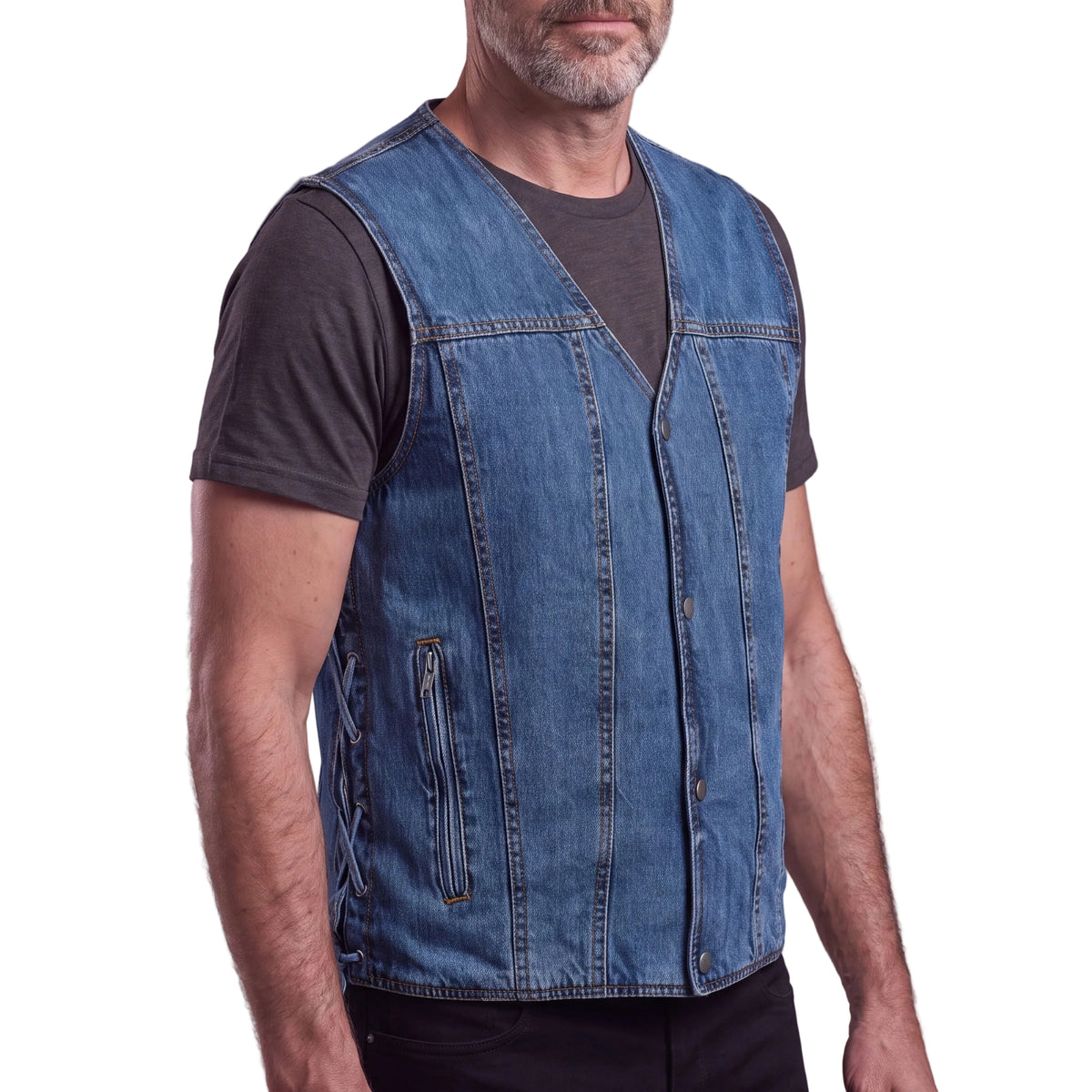 Vance Mens Blue V-Neck Denim Vest for Motorcycle Riders - side pose