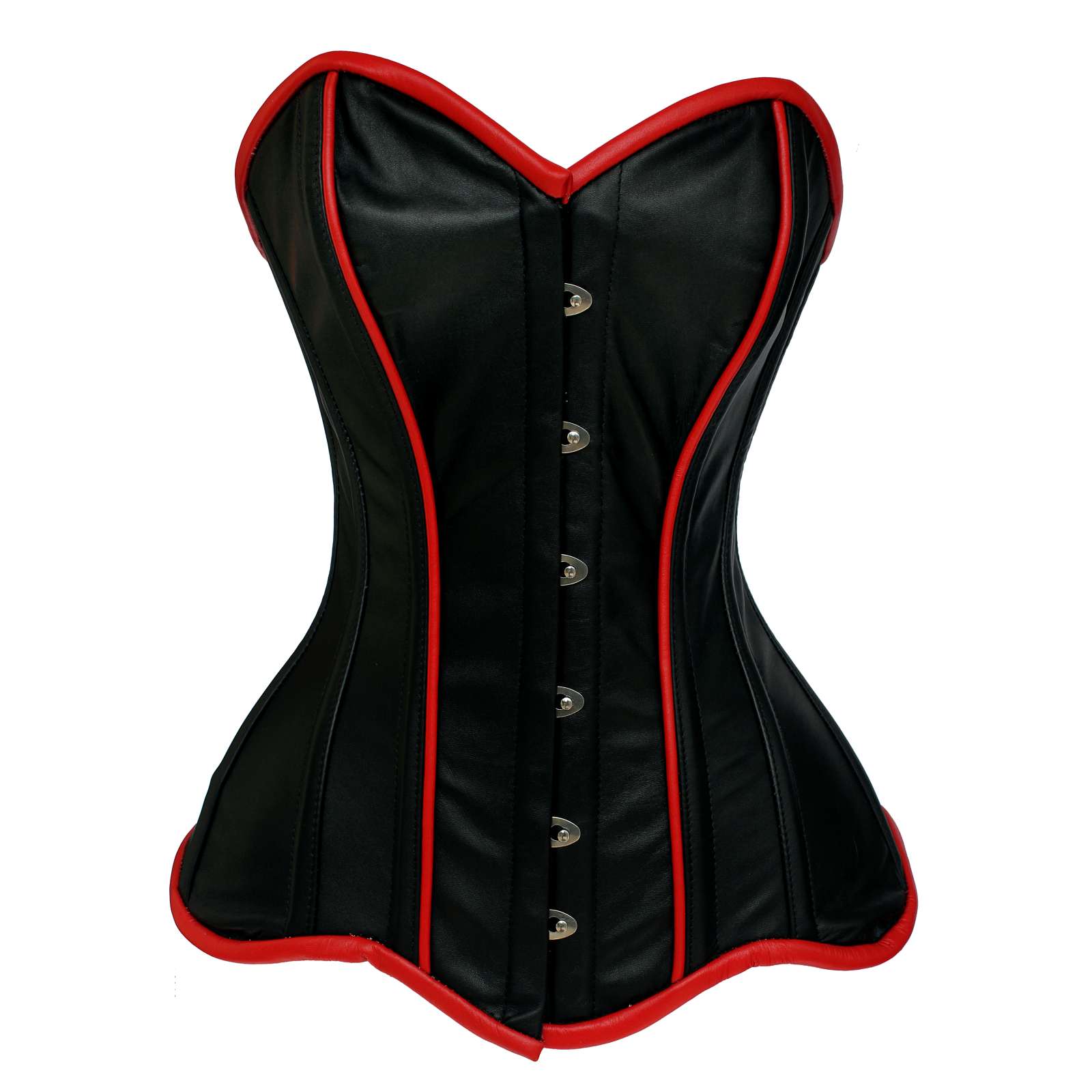 Black Leather Corset for Women | 16 Steel Boned Waist Trainer | Cowhide Leather Biker Corset with Red Piping | Gothic Steampunk Body Shaper