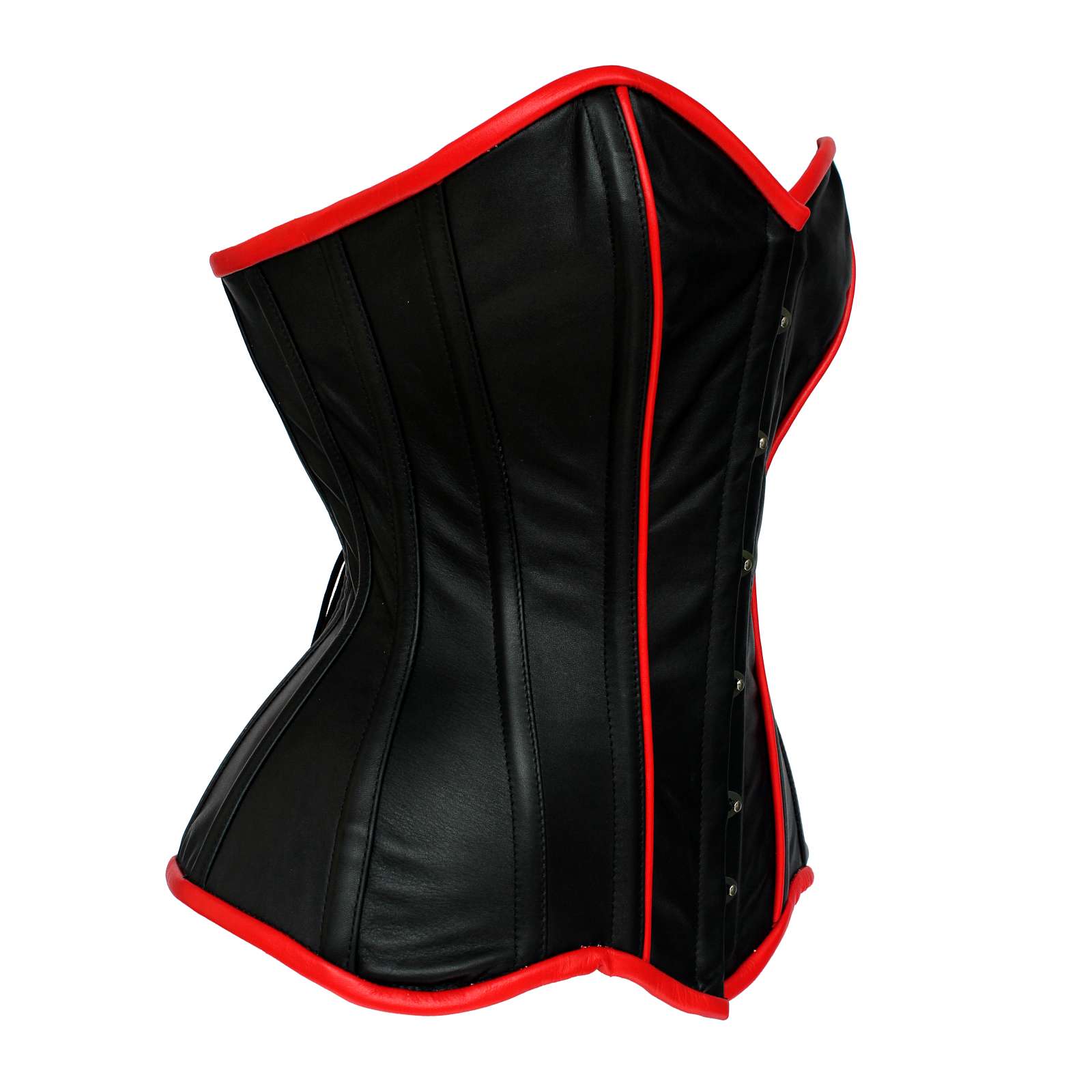 Black Leather Corset for Women | 16 Steel Boned Waist Trainer | Cowhide Leather Biker Corset with Red Piping | Gothic Steampunk Body Shaper
