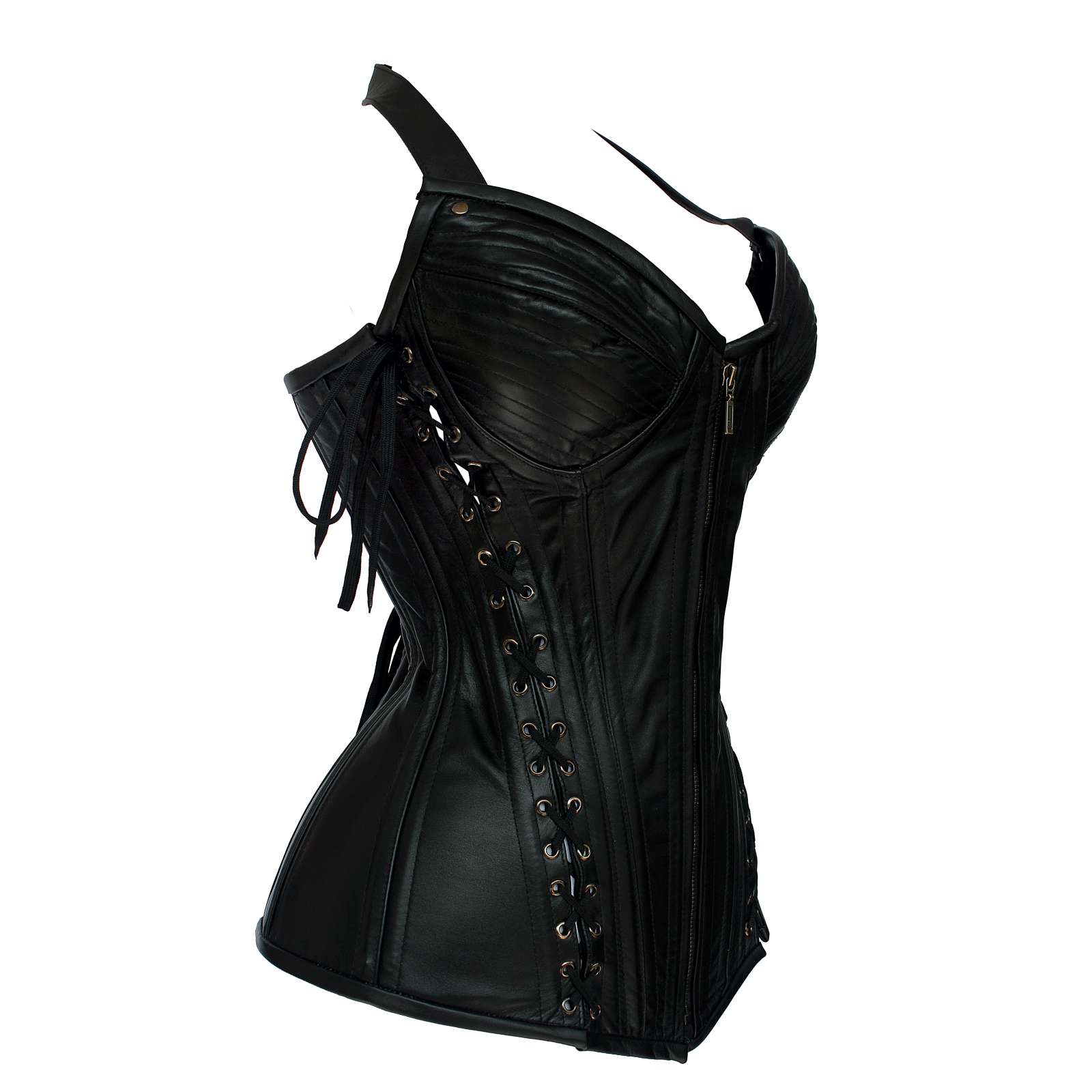 Black Leather Corset for Women | Cowhide Leather Biker Corset with Zipper Front | Gothic Steampunk Body Shaper