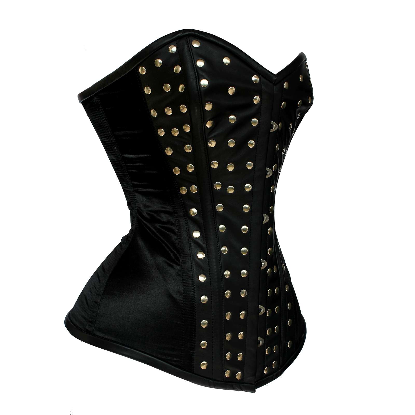 Rock Star Studded Leather & Satin Waist Trainer Corset | Black Leather Corset for Women | Gothic Steampunk Body Shaper