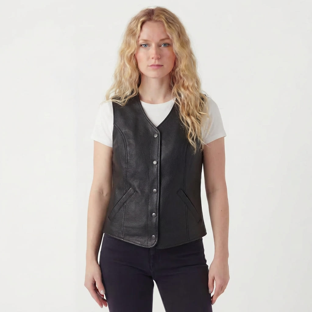 Womens Black Five Snap Lady Biker Leather Motorcycle Vest