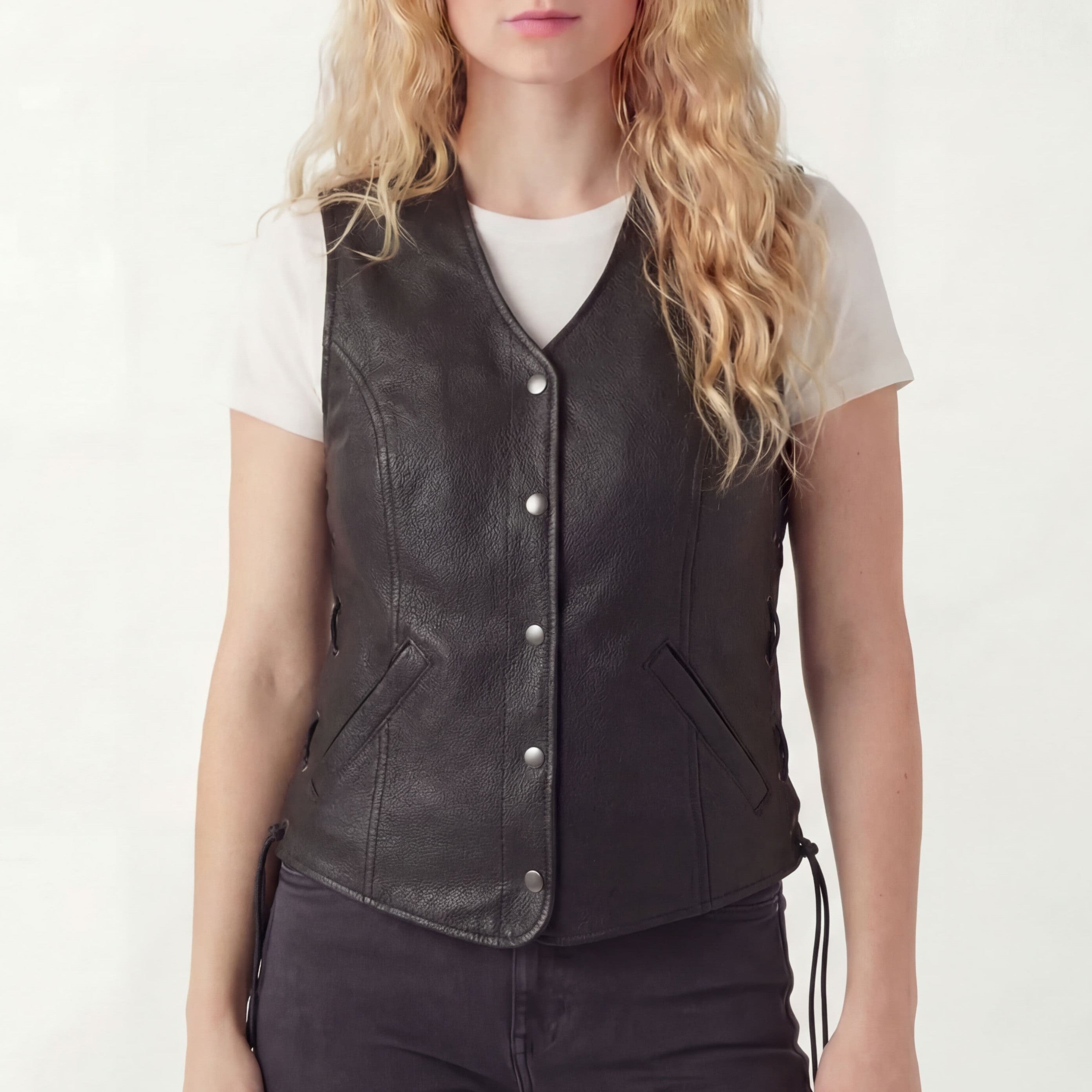Vance Leather Ladies Leather Five-Snap Lace Side Vest - front pose