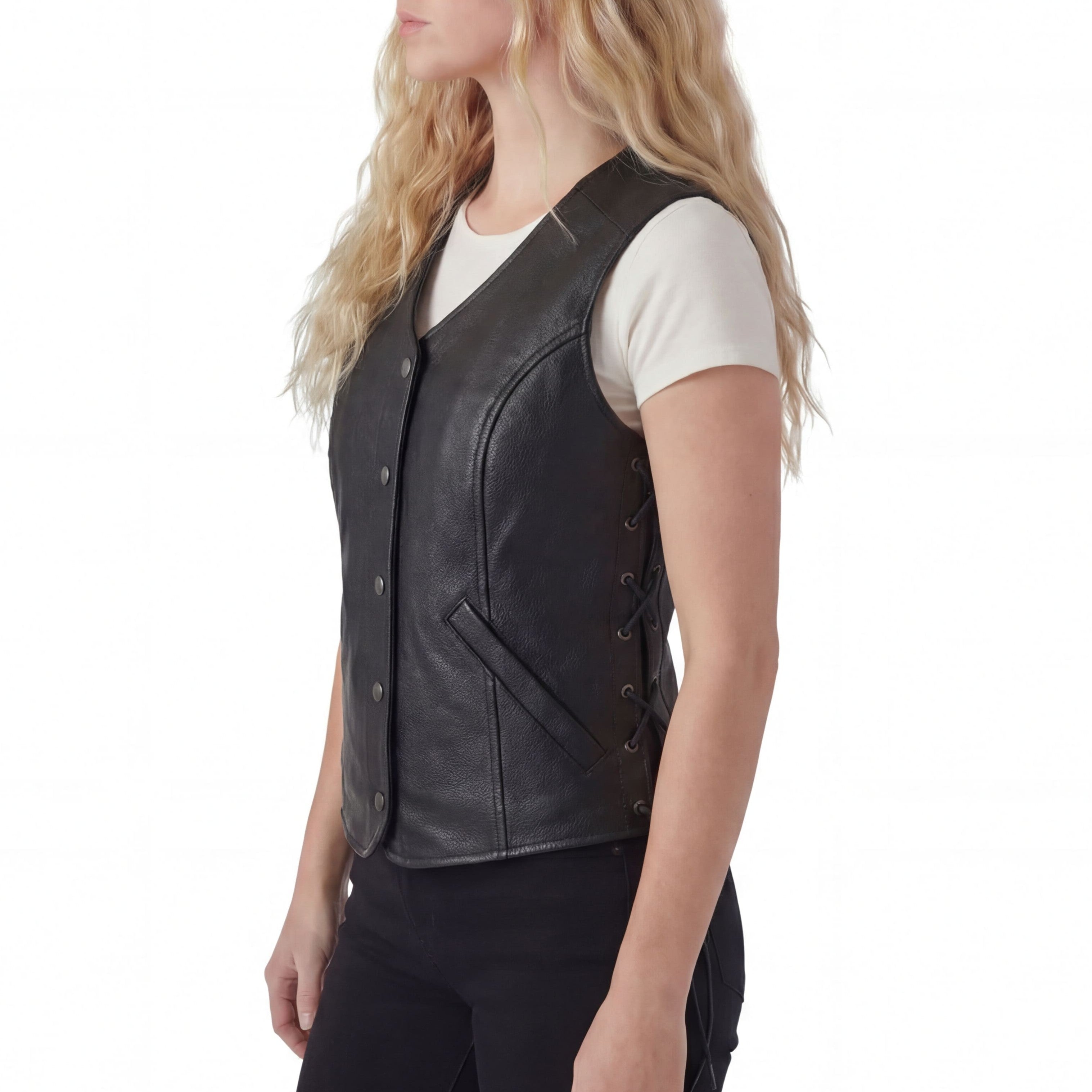 Vance Leather Ladies Leather Five-Snap Lace Side Vest - side pose