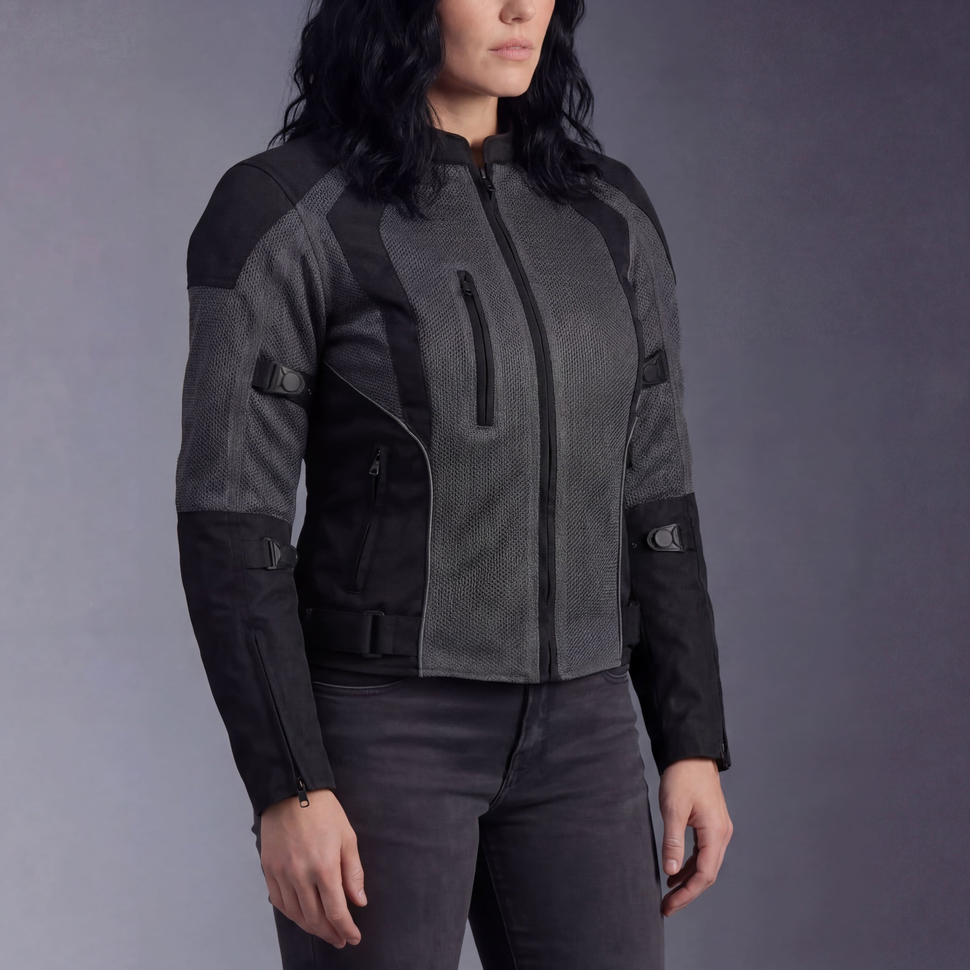 Advance Vance Women's Black All Weather Season CE Armor Mesh Motorcycle Biker Riding Jacket - Front Pose - Side Pose