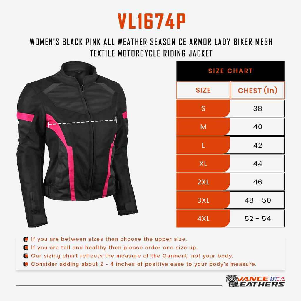 Women's Black Pink All Weather Season CE Armor Lady Biker Mesh Motorcycle Riding Jacket - Size chart