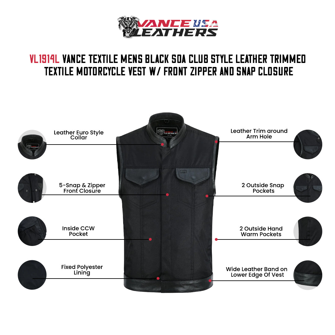 Vance Textile Mens Black SOA Club Style Leather Trimmed Textile Motorcycle Vest w/ Front Zipper and Snap Closure