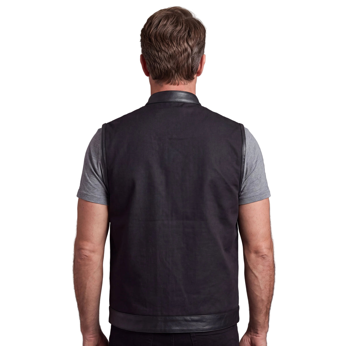 Vance Textile Mens Black SOA Club Style Leather Trimmed Textile Motorcycle Vest w/ Front Zipper and Snap Closure - back pose