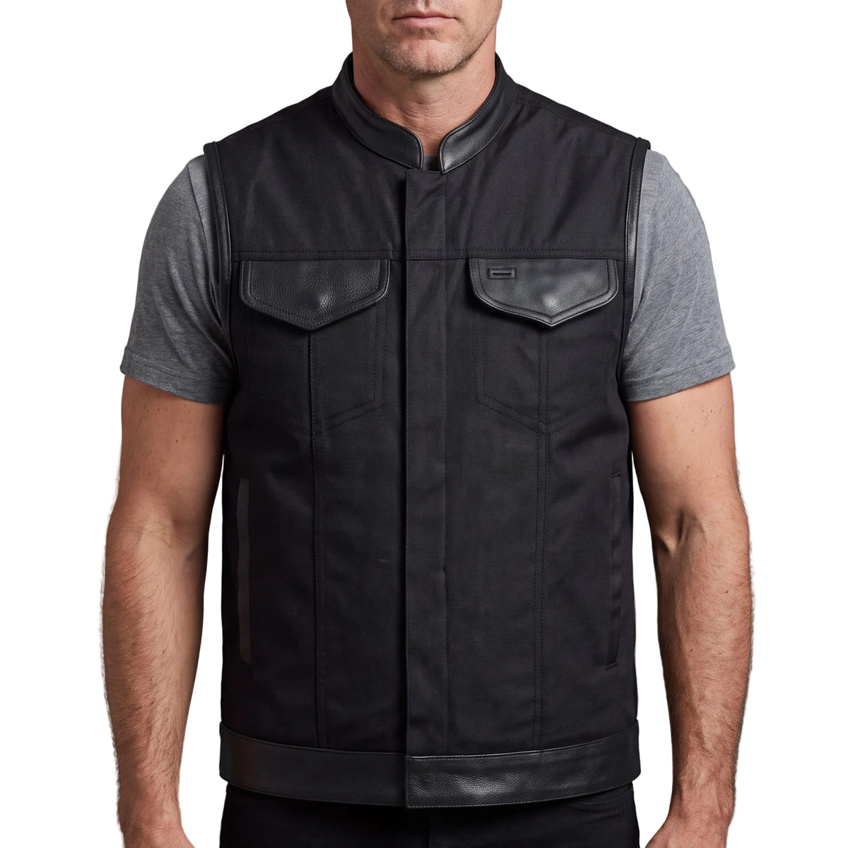 Vance Textile Mens Black SOA Club Style Leather Trimmed Textile Motorcycle Vest w/ Front Zipper and Snap Closure - front pose