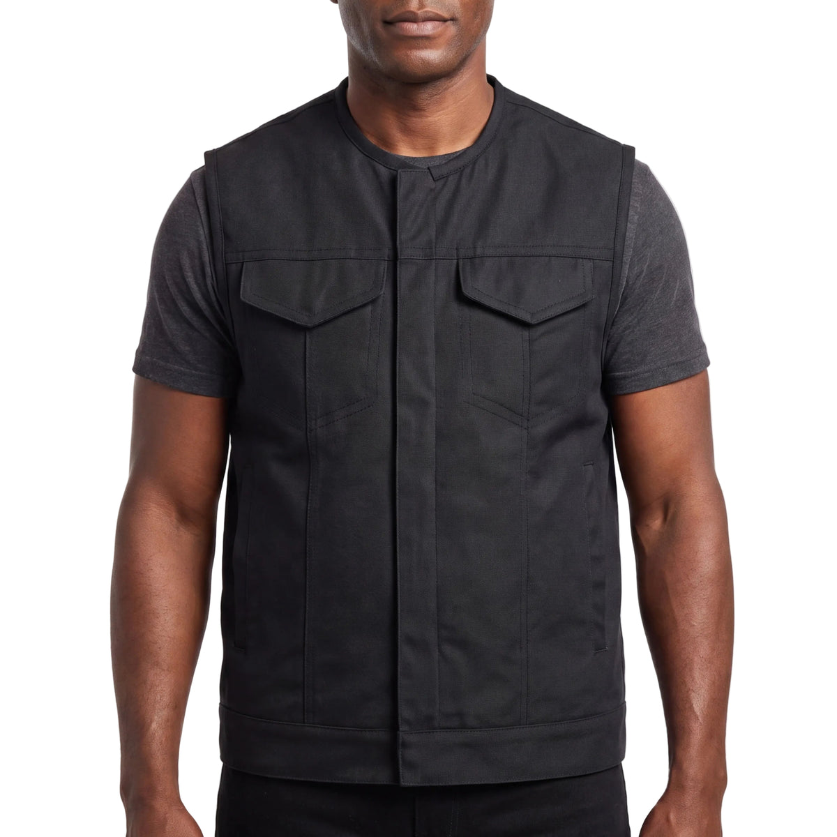 Men’s Premium Collarless Textile Motorcycle Vest Heavy Duty SOA Club Style Vest w/ Front Zipper and Snap Closure - front pose