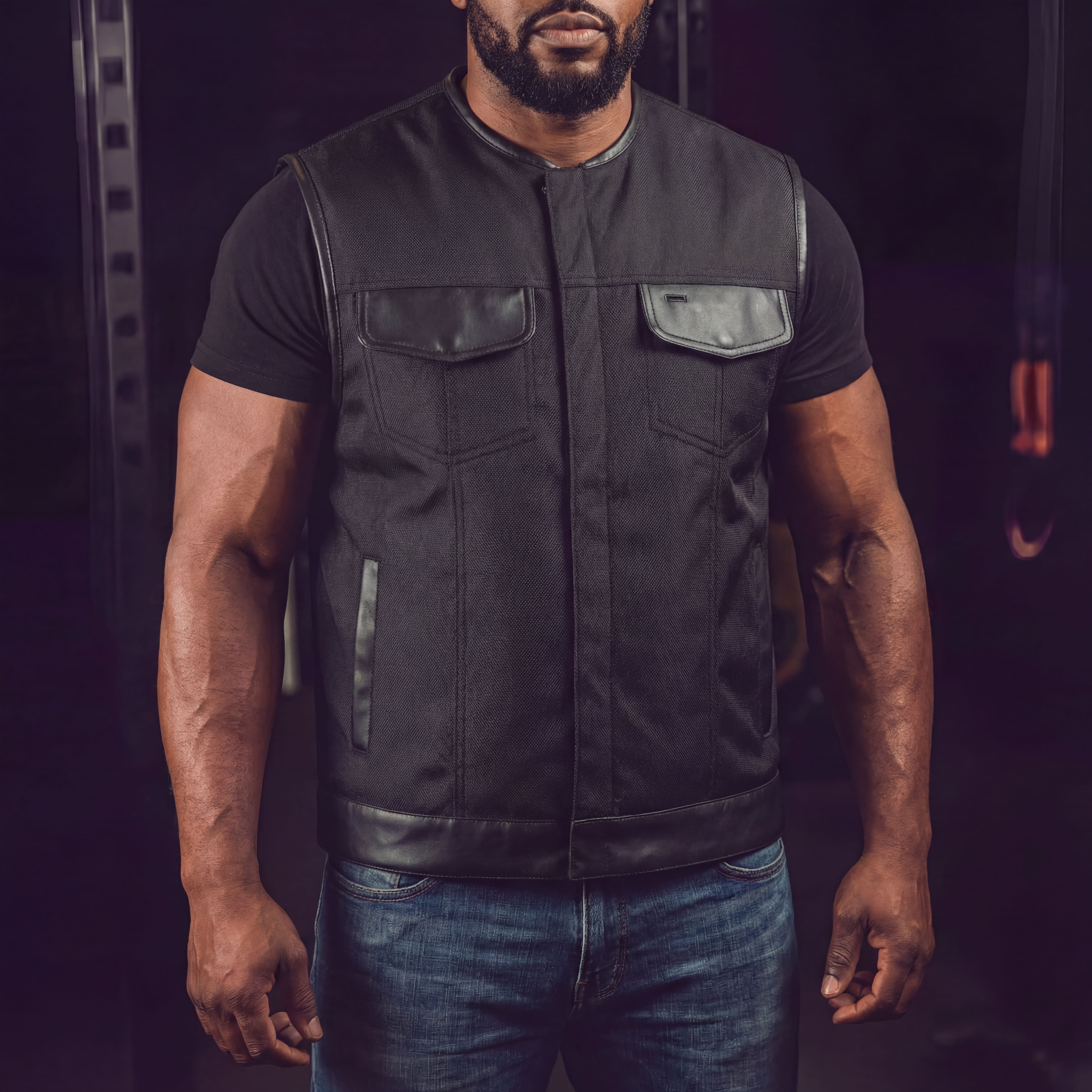 Vance Textile Mens Black SOA Club Style Leather Trimmed Textile Motorcycle Vest w/ Front Zipper and Snap Closure - Pic