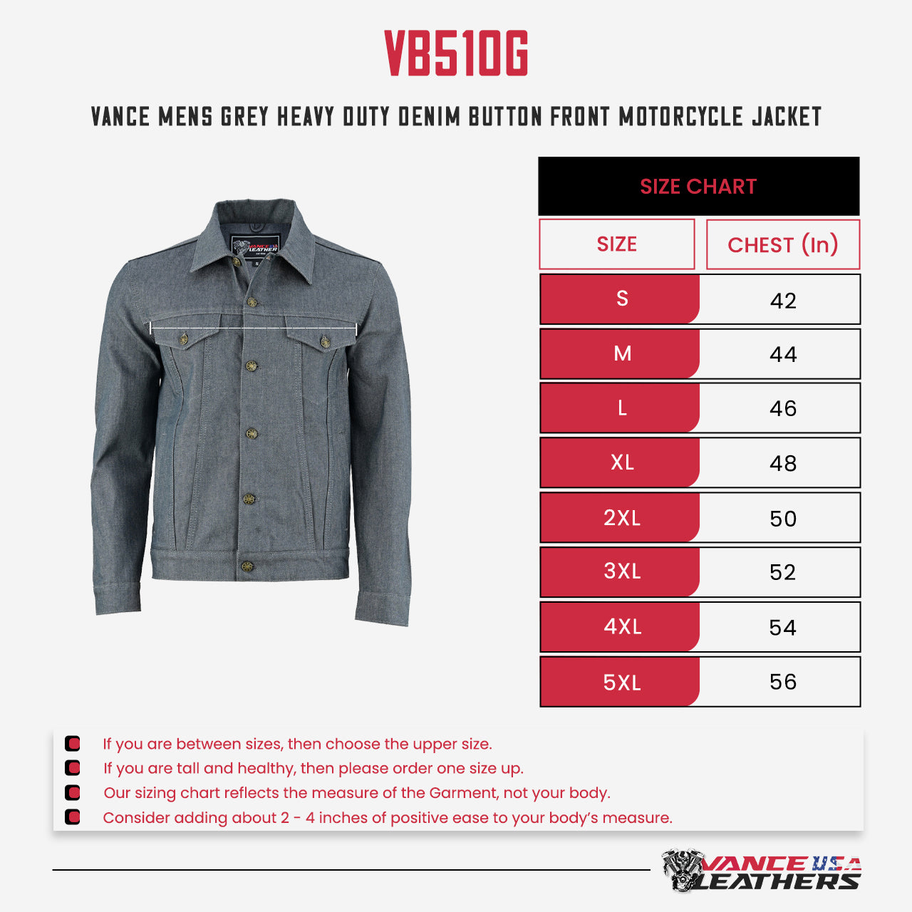 Vance Mens Grey Heavy Duty Denim Button Front Motorcycle Jacket, Jean Jacket for Men