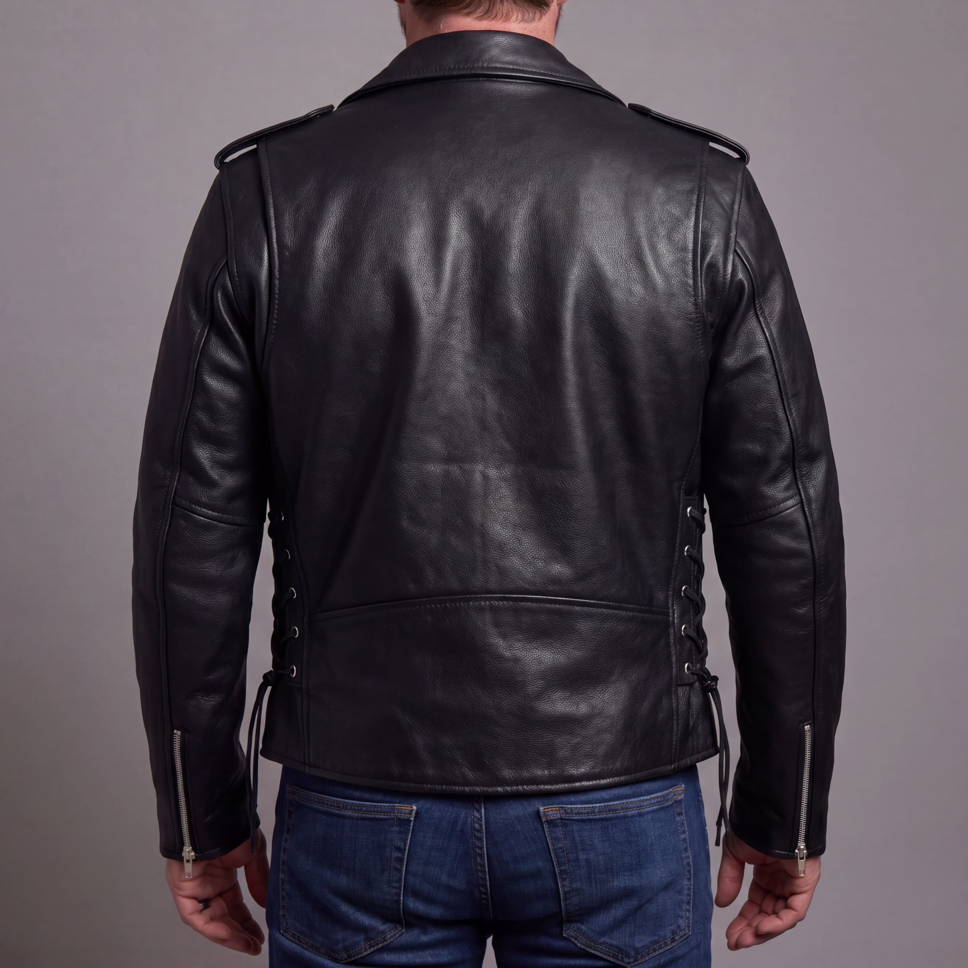 Mens Premium Classic Motorcycle Black Leather Jacket with Cowhide Conceal Carry - back pose