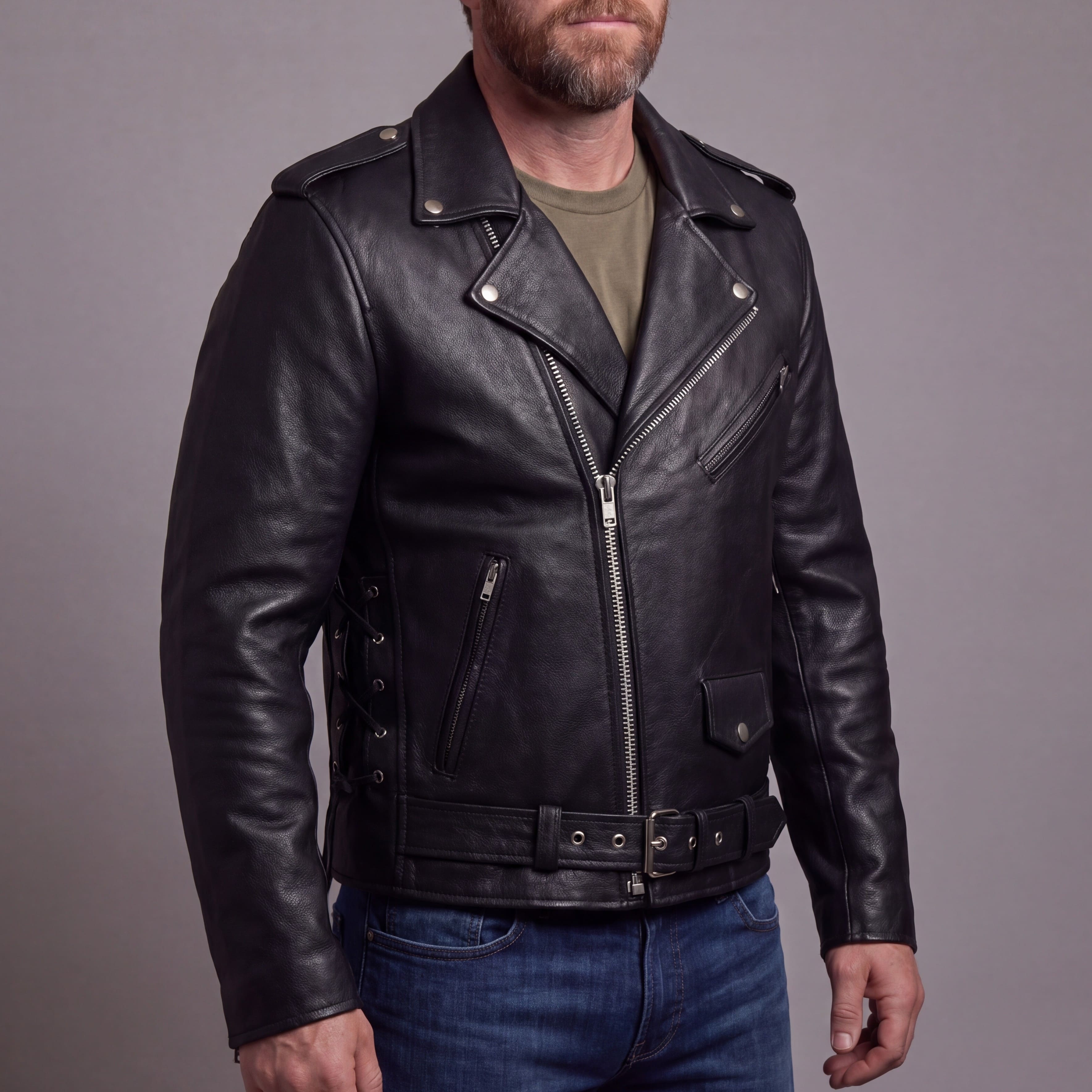 Mens Premium Classic Motorcycle Black Leather Jacket with Cowhide Conceal Carry - side pose