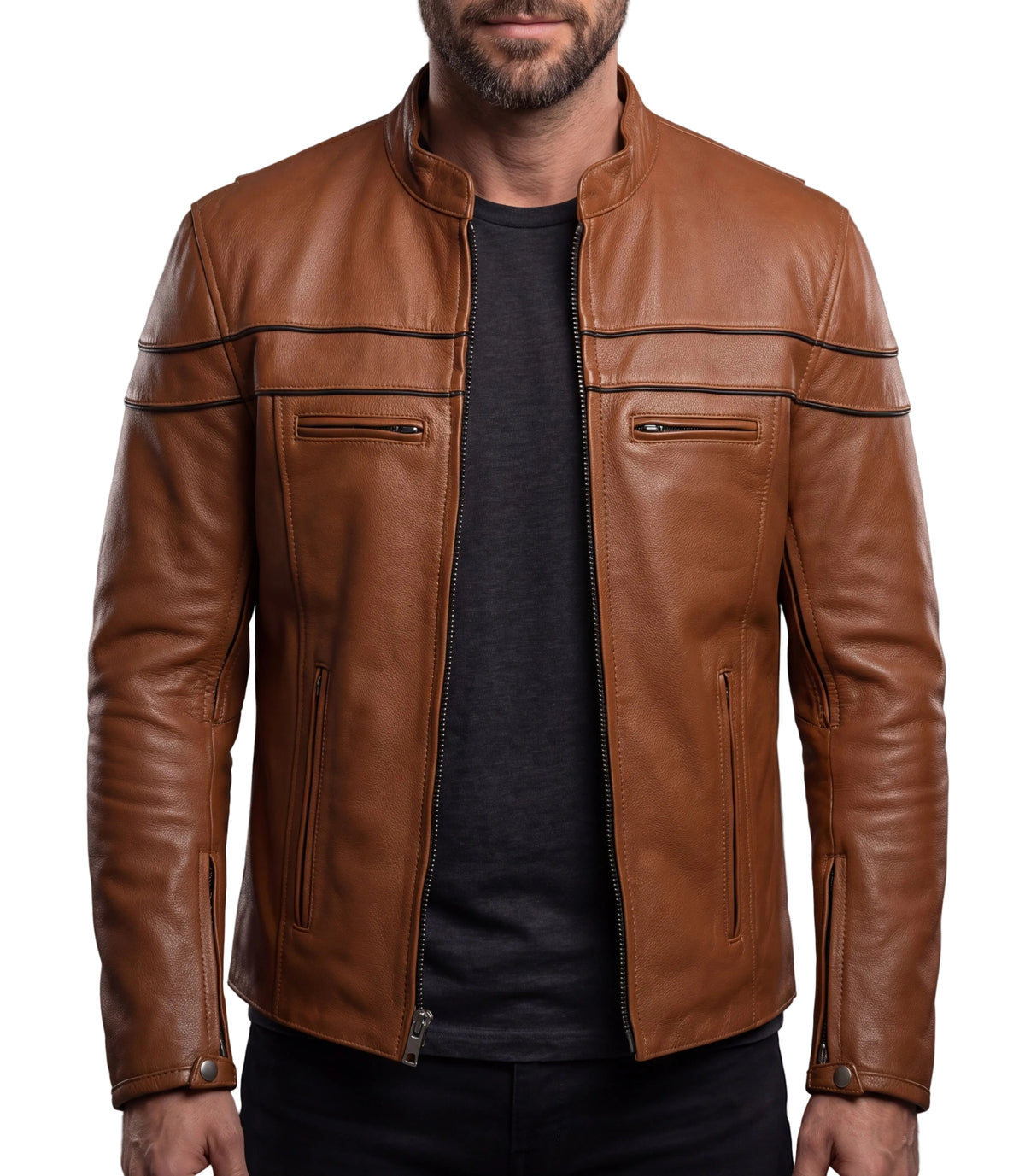 Men's Cognac Brown Premium Cowhide Cafe Racer Leather Motorcycle Jacket with Zipper Vents - front pic