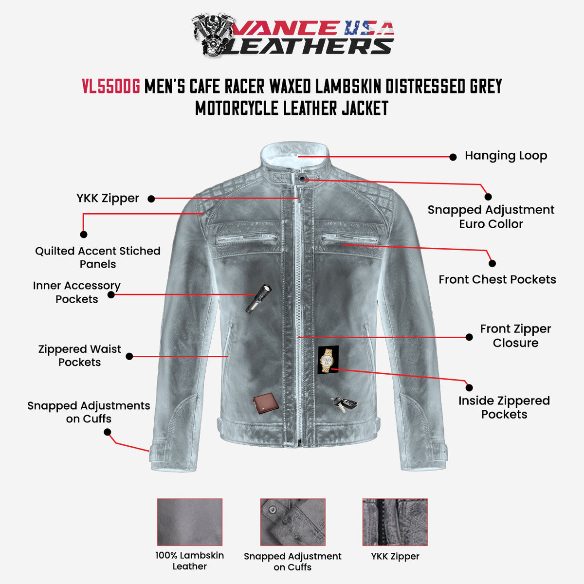 Men's Cafe Racer Waxed Lambskin Distressed Grey Motorcycle Leather Jacket - info graphics